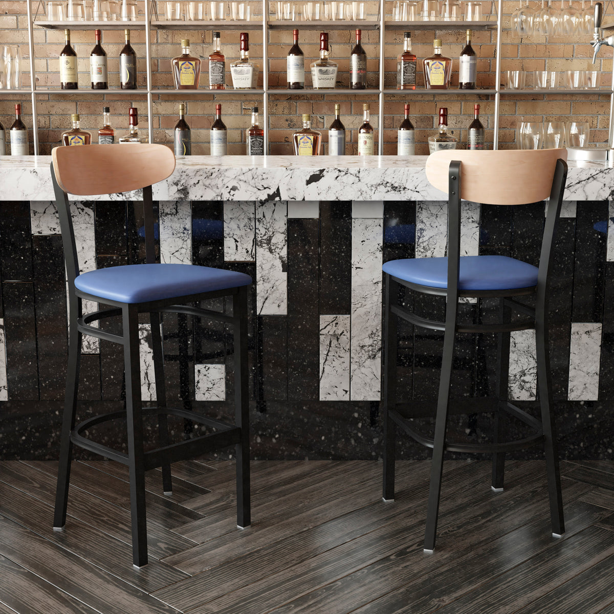 Wright Commercial Grade Barstool with 500 LB. Capacity Steel Frame, Solid Wood Seat, and Boomerang Back