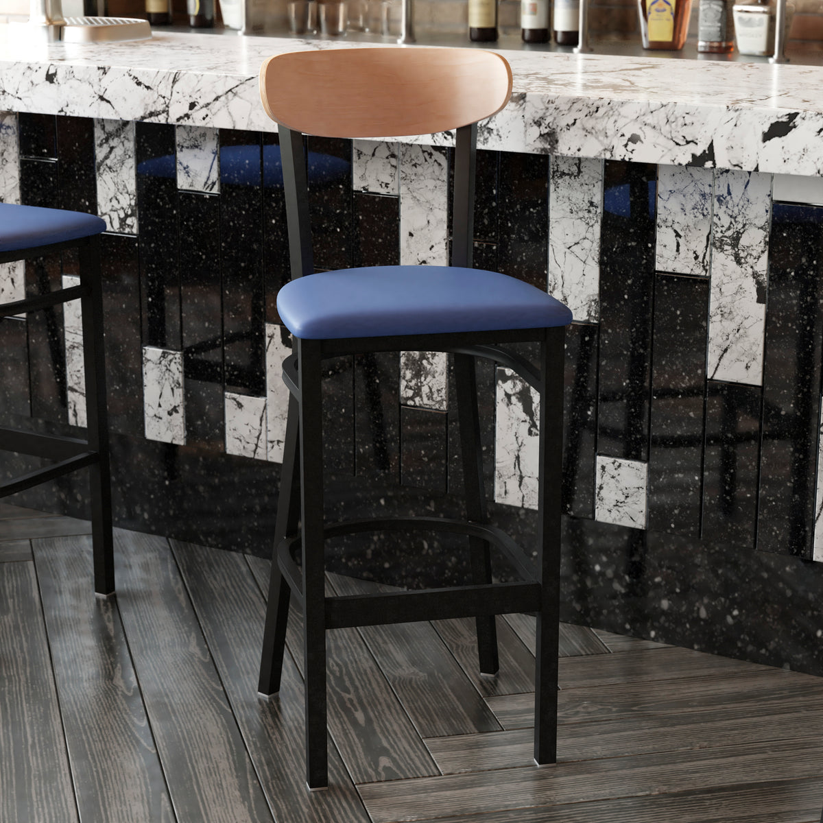Wright Commercial Grade Barstool with 500 LB. Capacity Steel Frame, Solid Wood Seat, and Boomerang Back