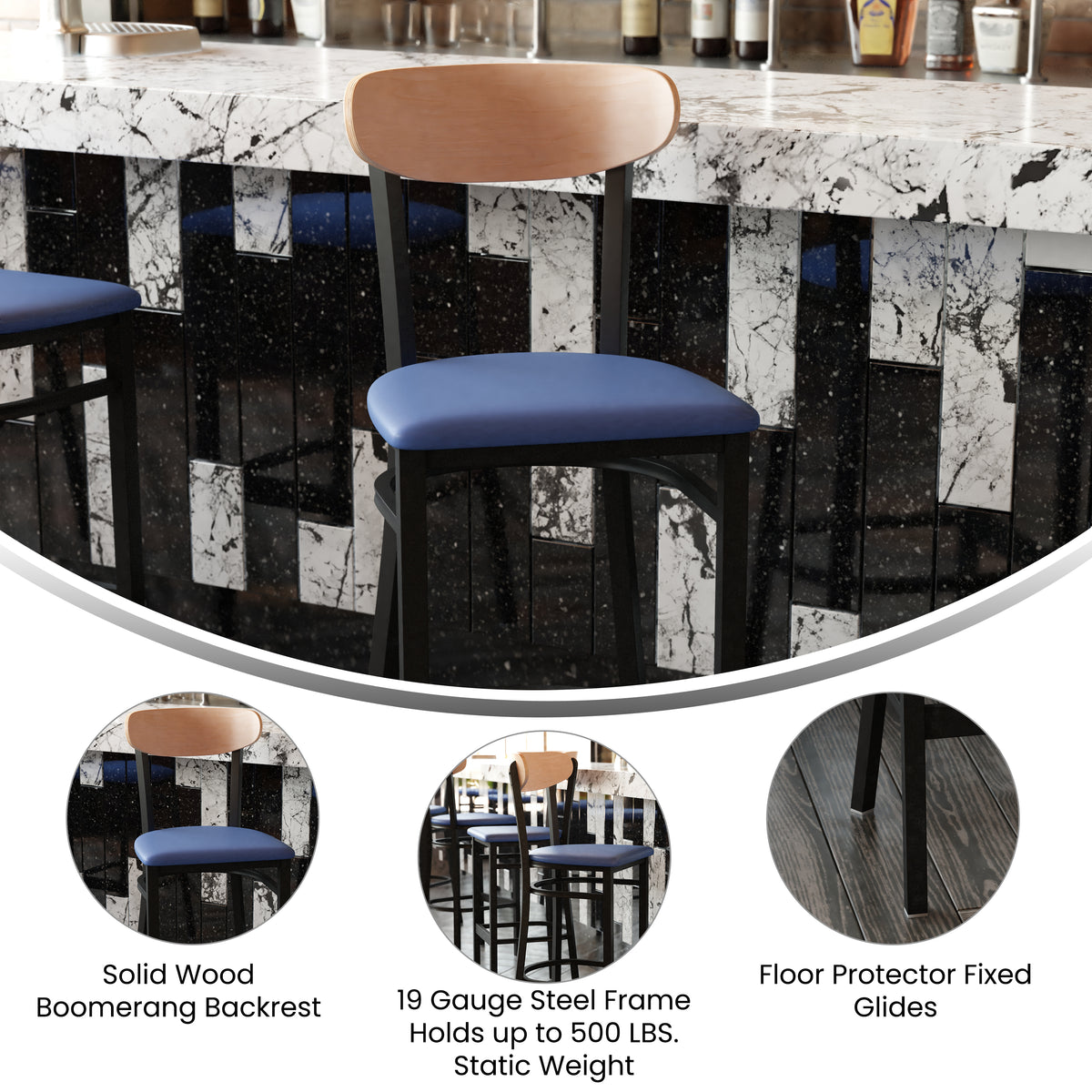 Wright Commercial Grade Barstool with 500 LB. Capacity Steel Frame, Solid Wood Seat, and Boomerang Back