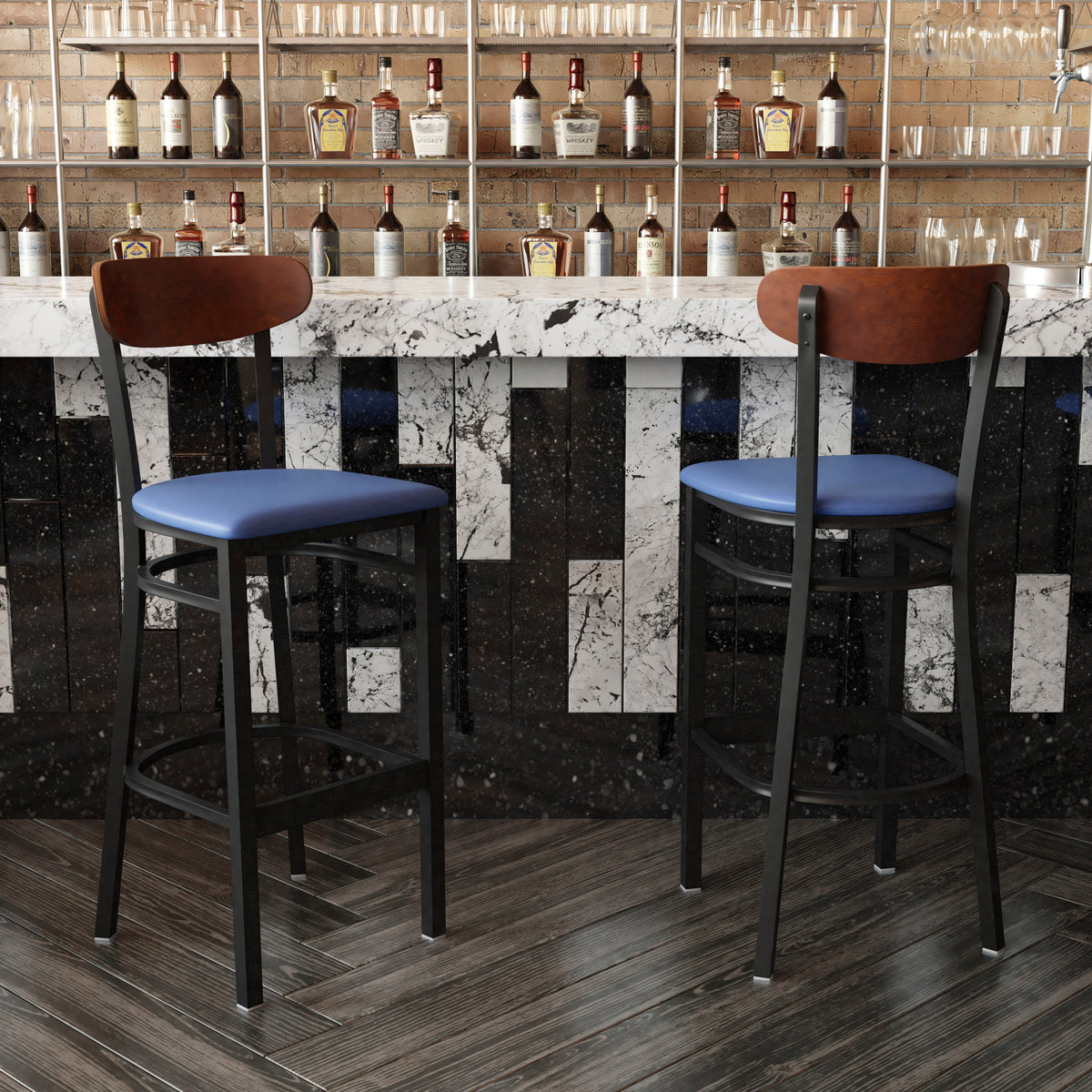 Wright Commercial Grade Barstool with 500 LB. Capacity Steel Frame, Solid Wood Seat, and Boomerang Back