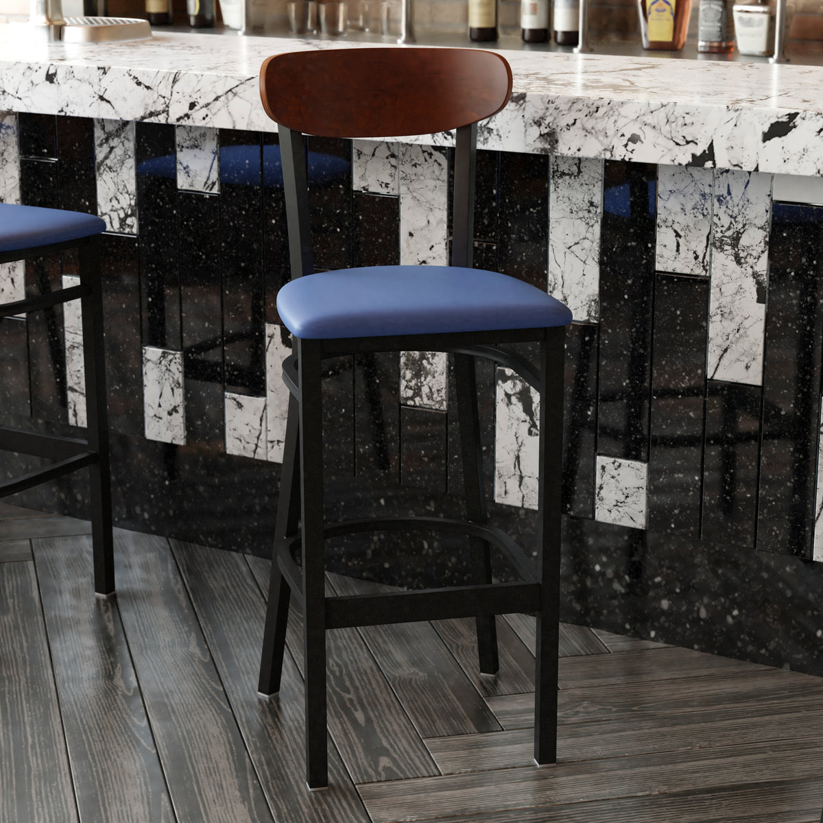 Wright Commercial Grade Barstool with 500 LB. Capacity Steel Frame, Solid Wood Seat, and Boomerang Back