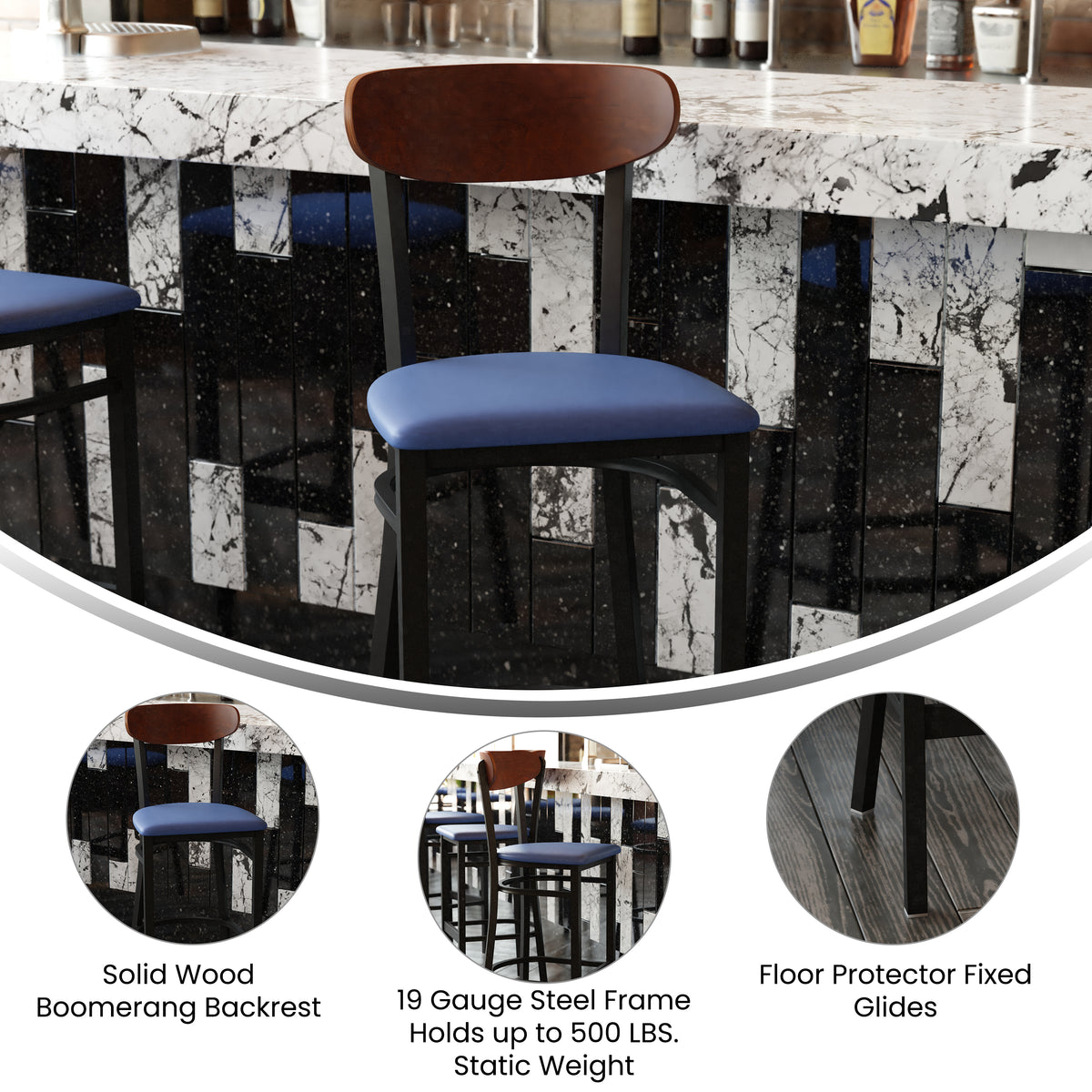 Wright Commercial Grade Barstool with 500 LB. Capacity Steel Frame, Solid Wood Seat, and Boomerang Back