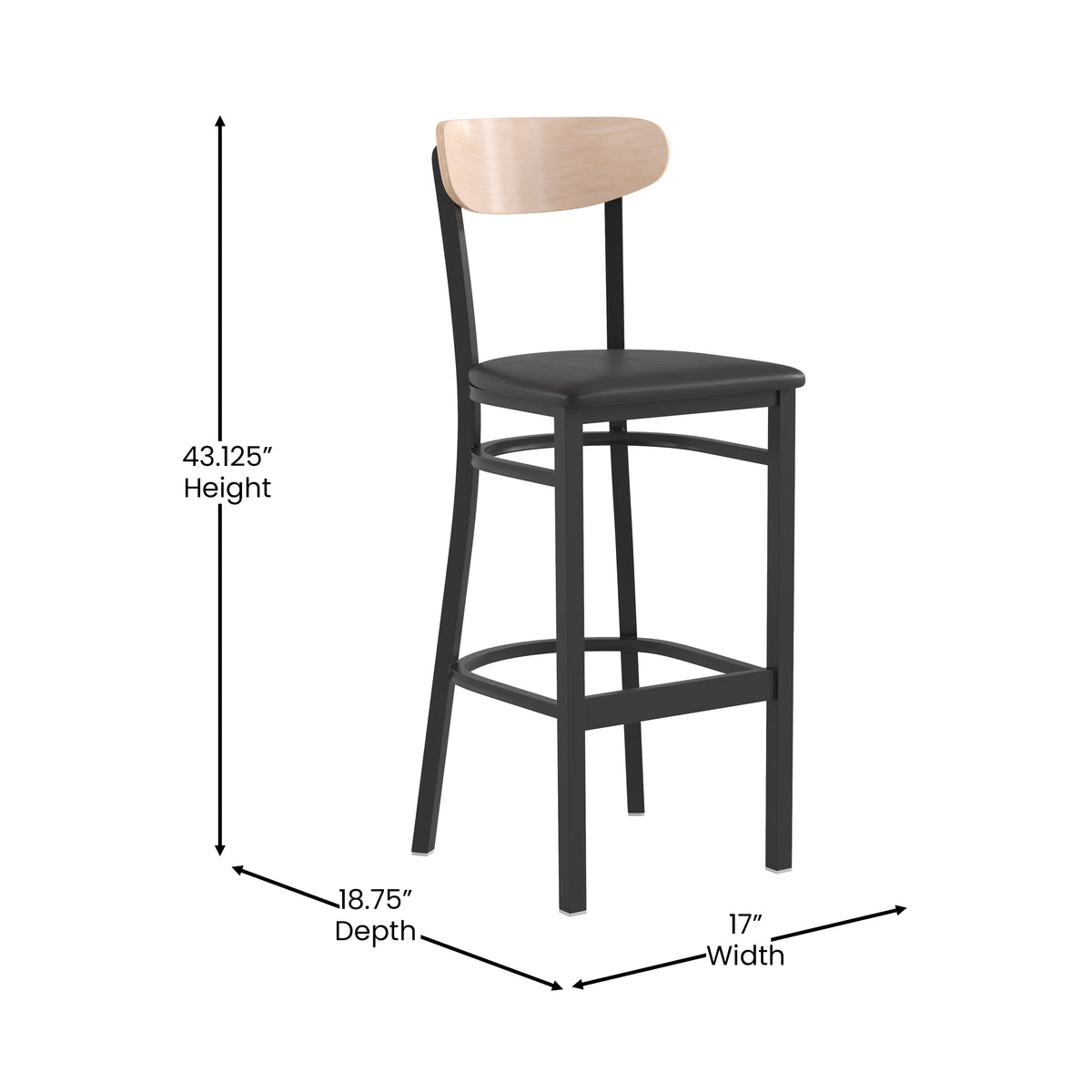 Wright Commercial Grade Barstool with 500 LB. Capacity Steel Frame, Solid Wood Seat, and Boomerang Back