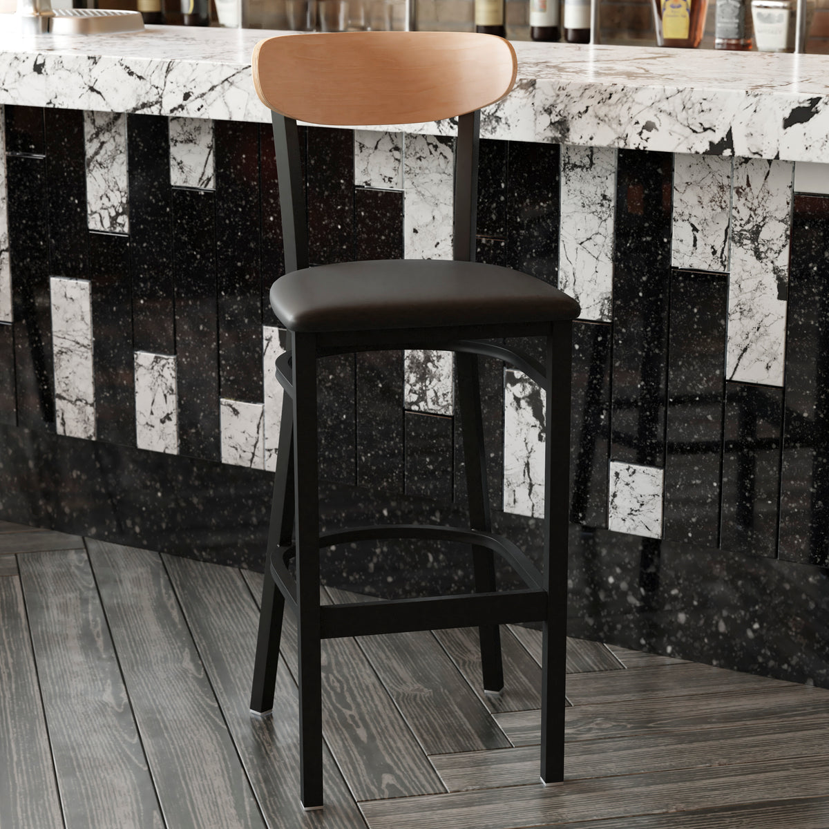 Wright Commercial Grade Barstool with 500 LB. Capacity Steel Frame, Solid Wood Seat, and Boomerang Back