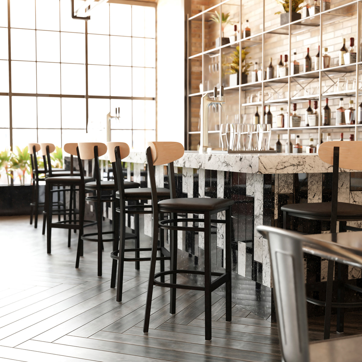 Wright Commercial Grade Barstool with 500 LB. Capacity Steel Frame, Solid Wood Seat, and Boomerang Back