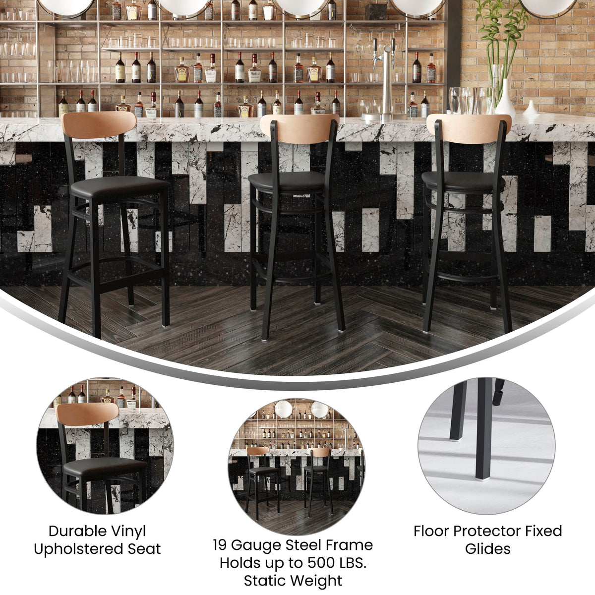 Wright Commercial Grade Barstool with 500 LB. Capacity Steel Frame, Solid Wood Seat, and Boomerang Back