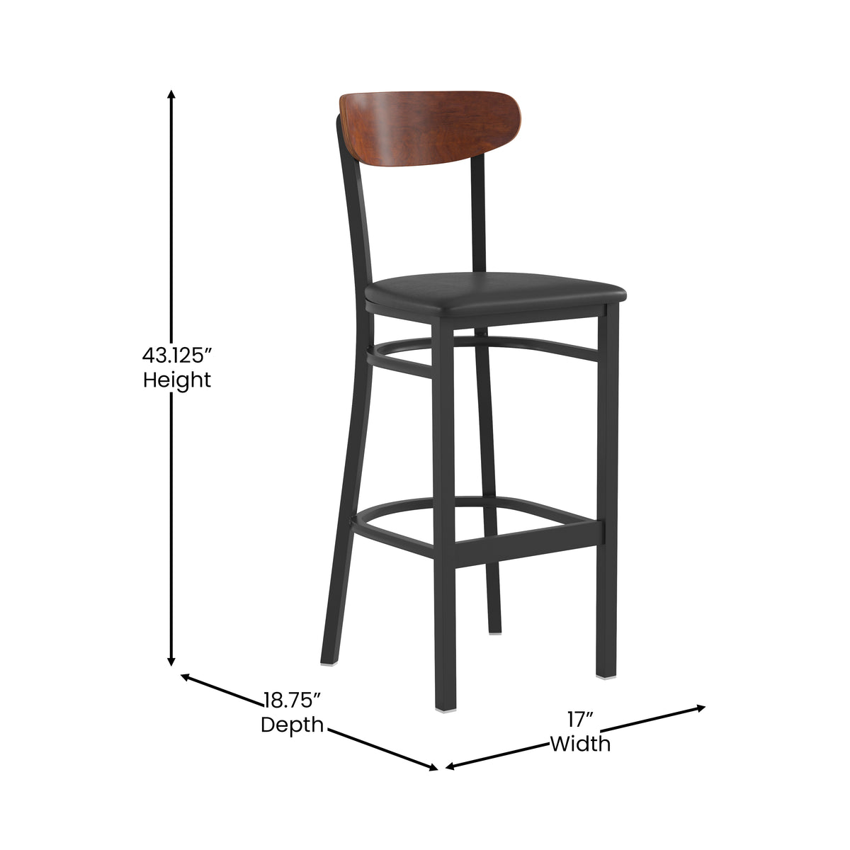 Wright Commercial Grade Barstool with 500 LB. Capacity Steel Frame, Solid Wood Seat, and Boomerang Back