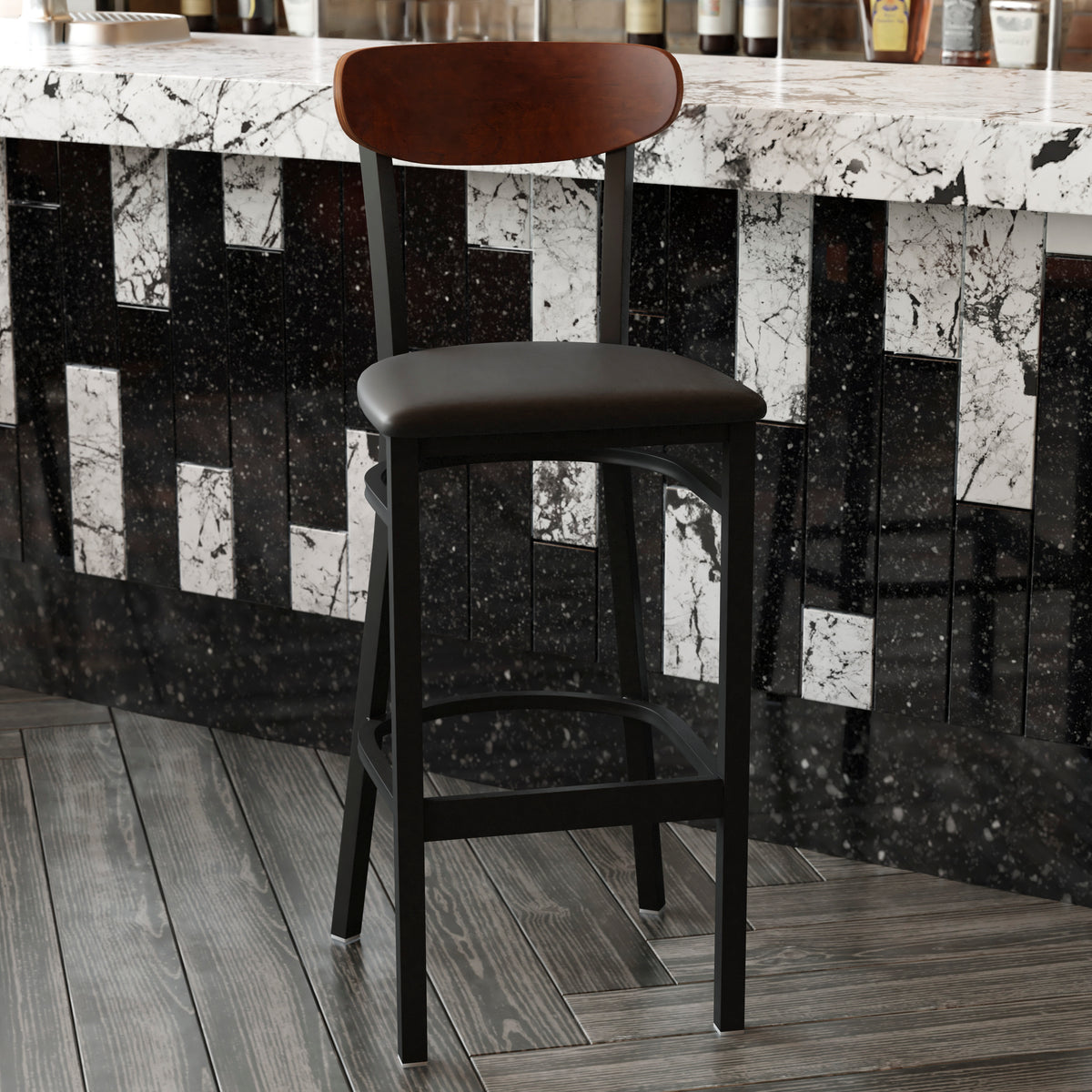 Wright Commercial Grade Barstool with 500 LB. Capacity Steel Frame, Solid Wood Seat, and Boomerang Back