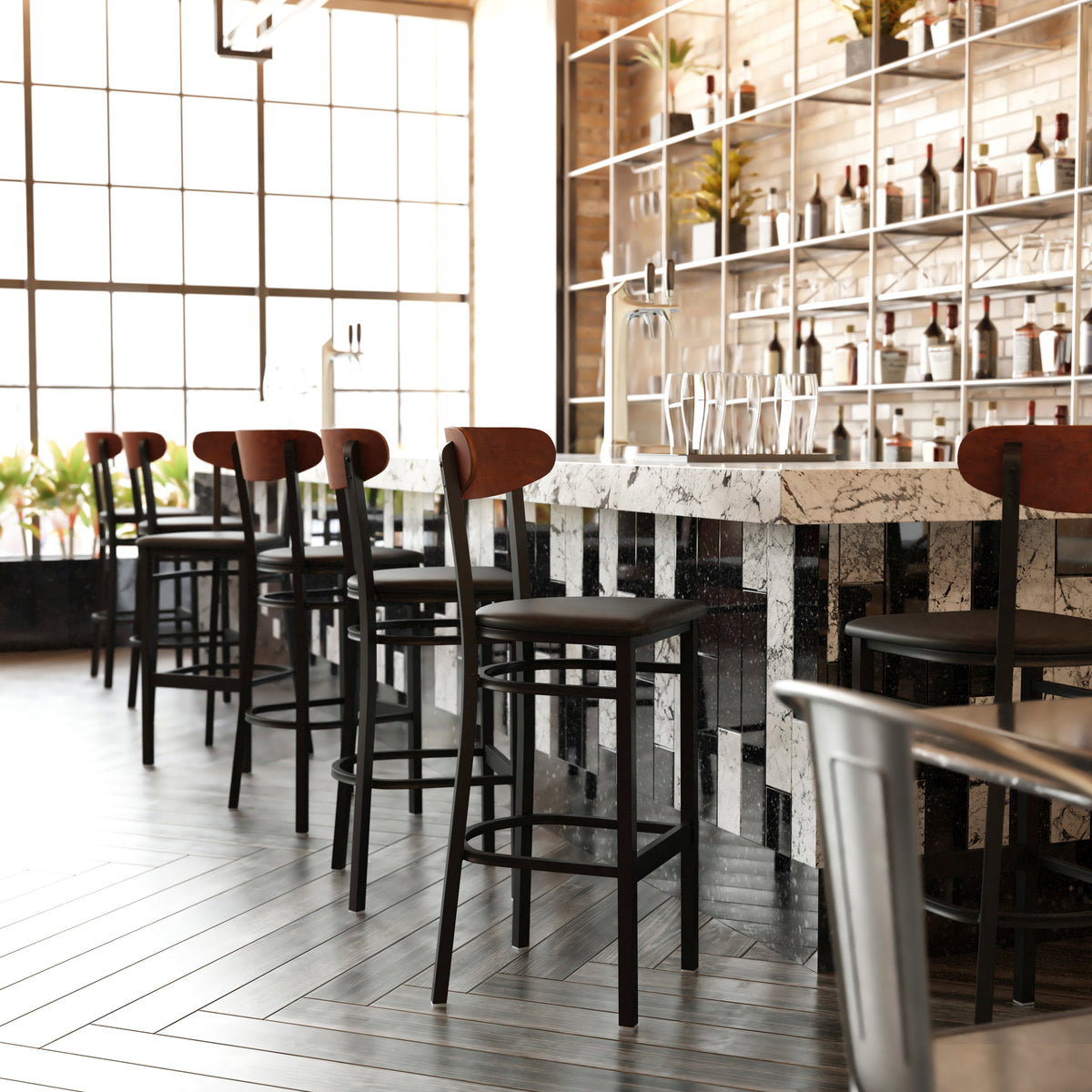 Wright Commercial Grade Barstool with 500 LB. Capacity Steel Frame, Solid Wood Seat, and Boomerang Back