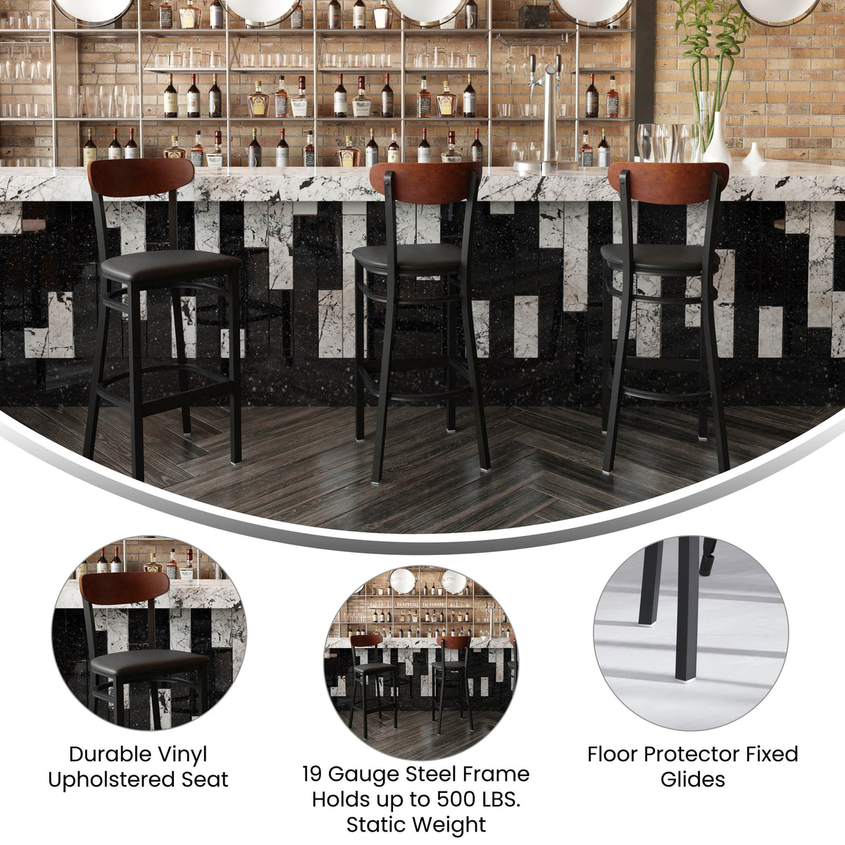 Wright Commercial Grade Barstool with 500 LB. Capacity Steel Frame, Solid Wood Seat, and Boomerang Back