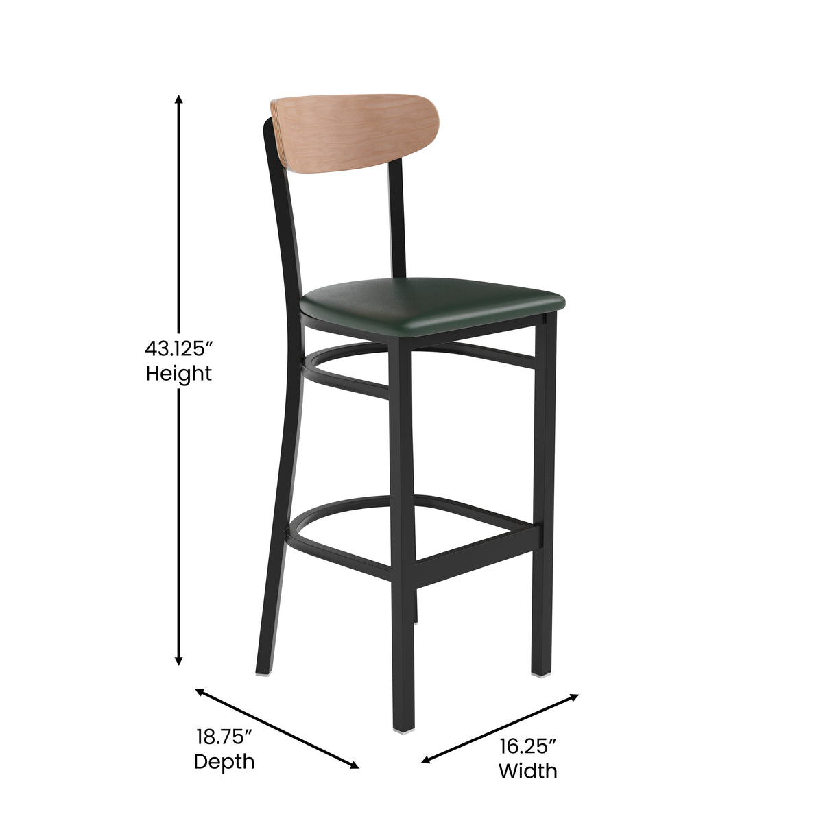 Wright Commercial Grade Barstool with 500 LB. Capacity Steel Frame, Solid Wood Seat, and Boomerang Back