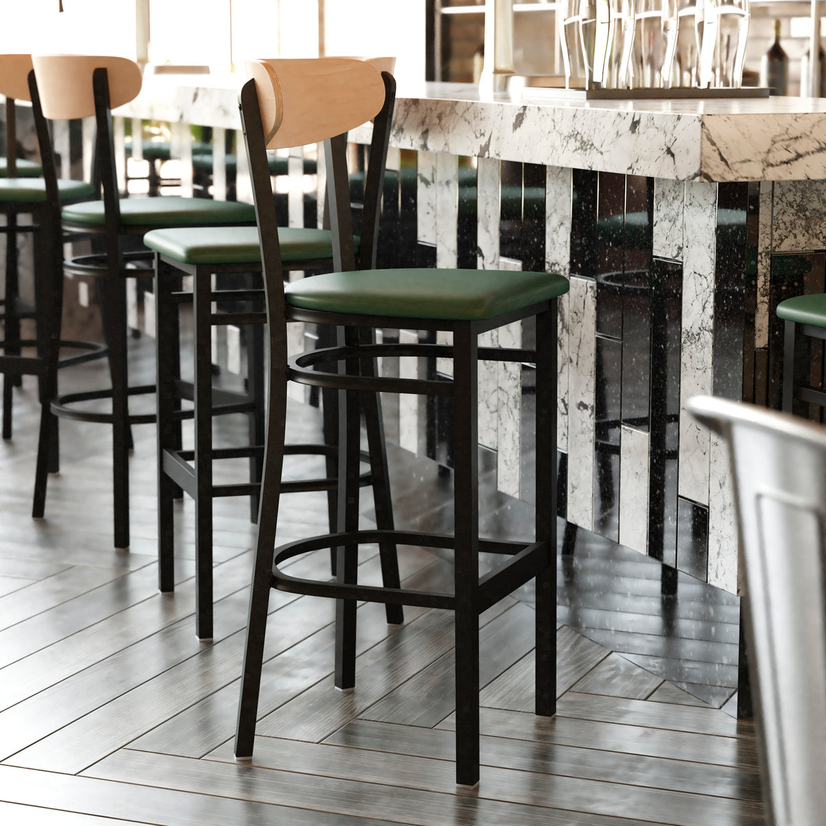 Wright Commercial Grade Barstool with 500 LB. Capacity Steel Frame, Solid Wood Seat, and Boomerang Back