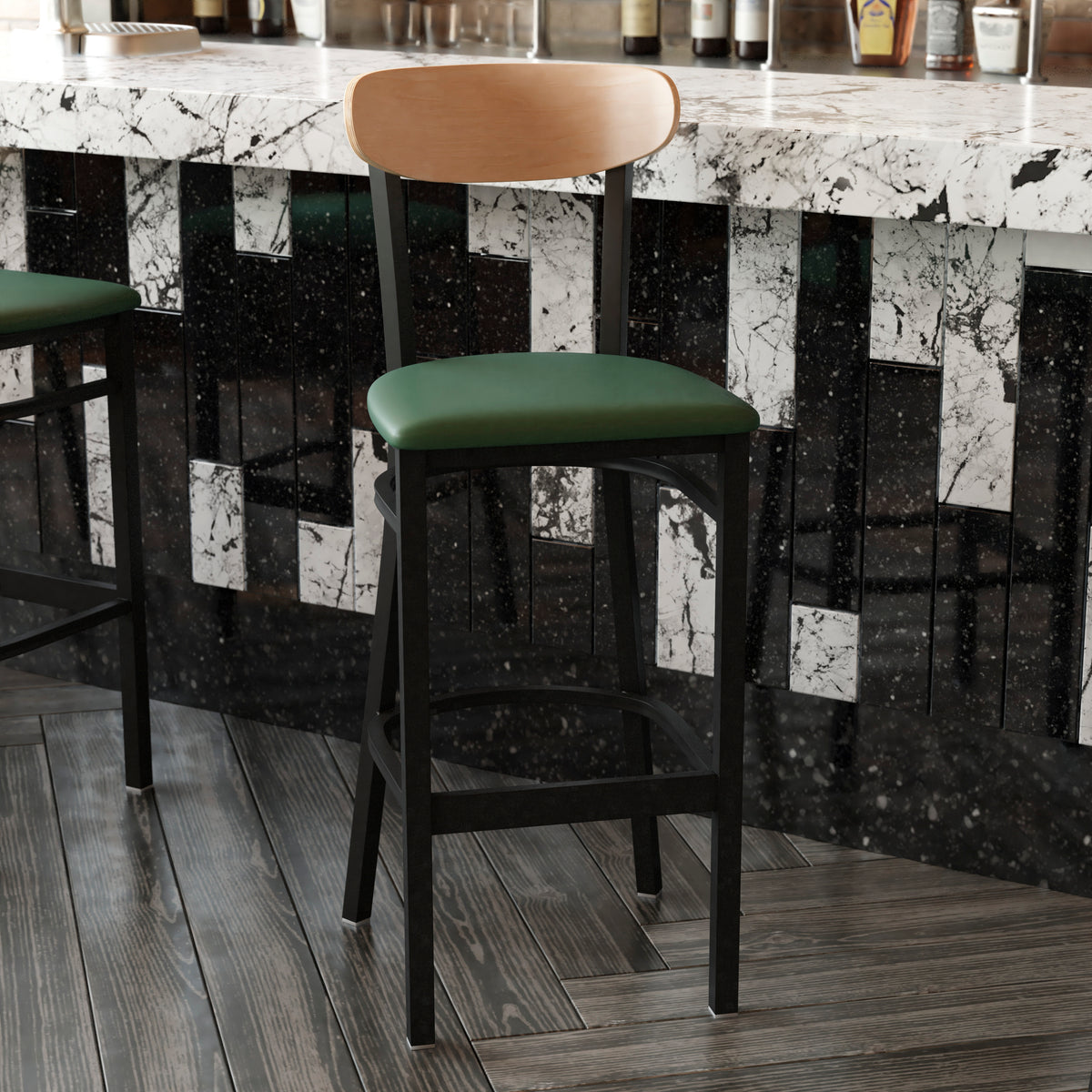 Wright Commercial Grade Barstool with 500 LB. Capacity Steel Frame, Solid Wood Seat, and Boomerang Back