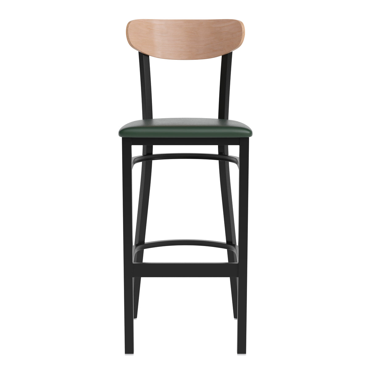 Wright Commercial Grade Barstool with 500 LB. Capacity Steel Frame, Solid Wood Seat, and Boomerang Back