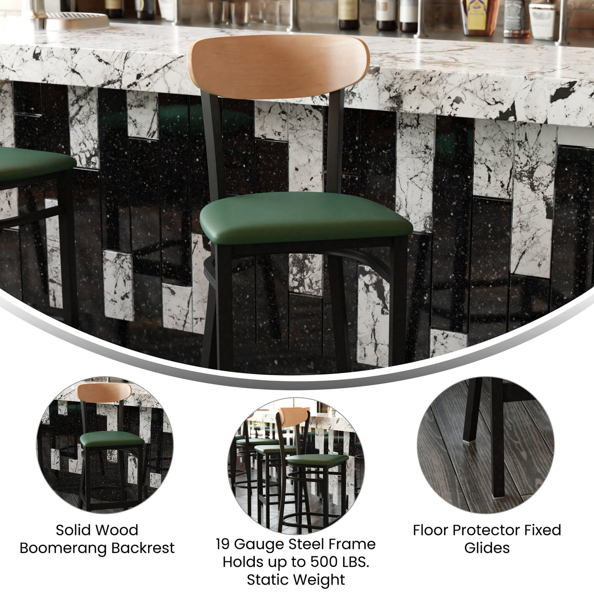 Wright Commercial Grade Barstool with 500 LB. Capacity Steel Frame, Solid Wood Seat, and Boomerang Back