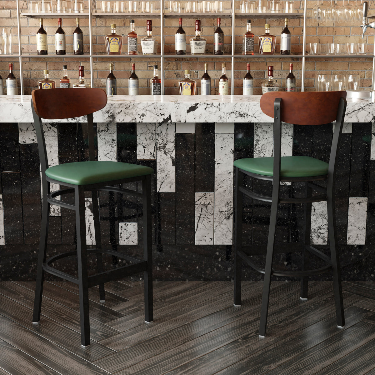 Wright Commercial Grade Barstool with 500 LB. Capacity Steel Frame, Solid Wood Seat, and Boomerang Back