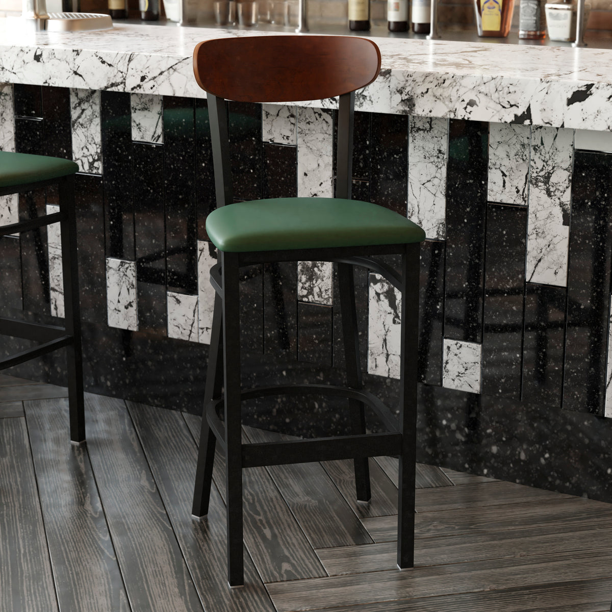 Wright Commercial Grade Barstool with 500 LB. Capacity Steel Frame, Solid Wood Seat, and Boomerang Back