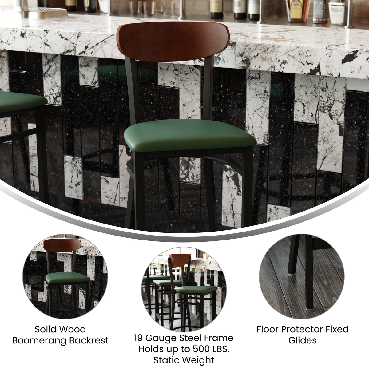 Wright Commercial Grade Barstool with 500 LB. Capacity Steel Frame, Solid Wood Seat, and Boomerang Back