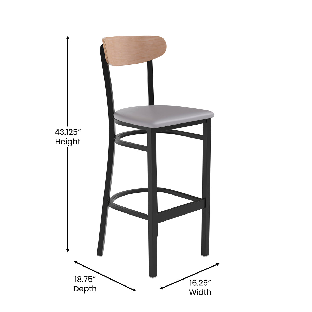 Wright Commercial Grade Barstool with 500 LB. Capacity Steel Frame, Solid Wood Seat, and Boomerang Back
