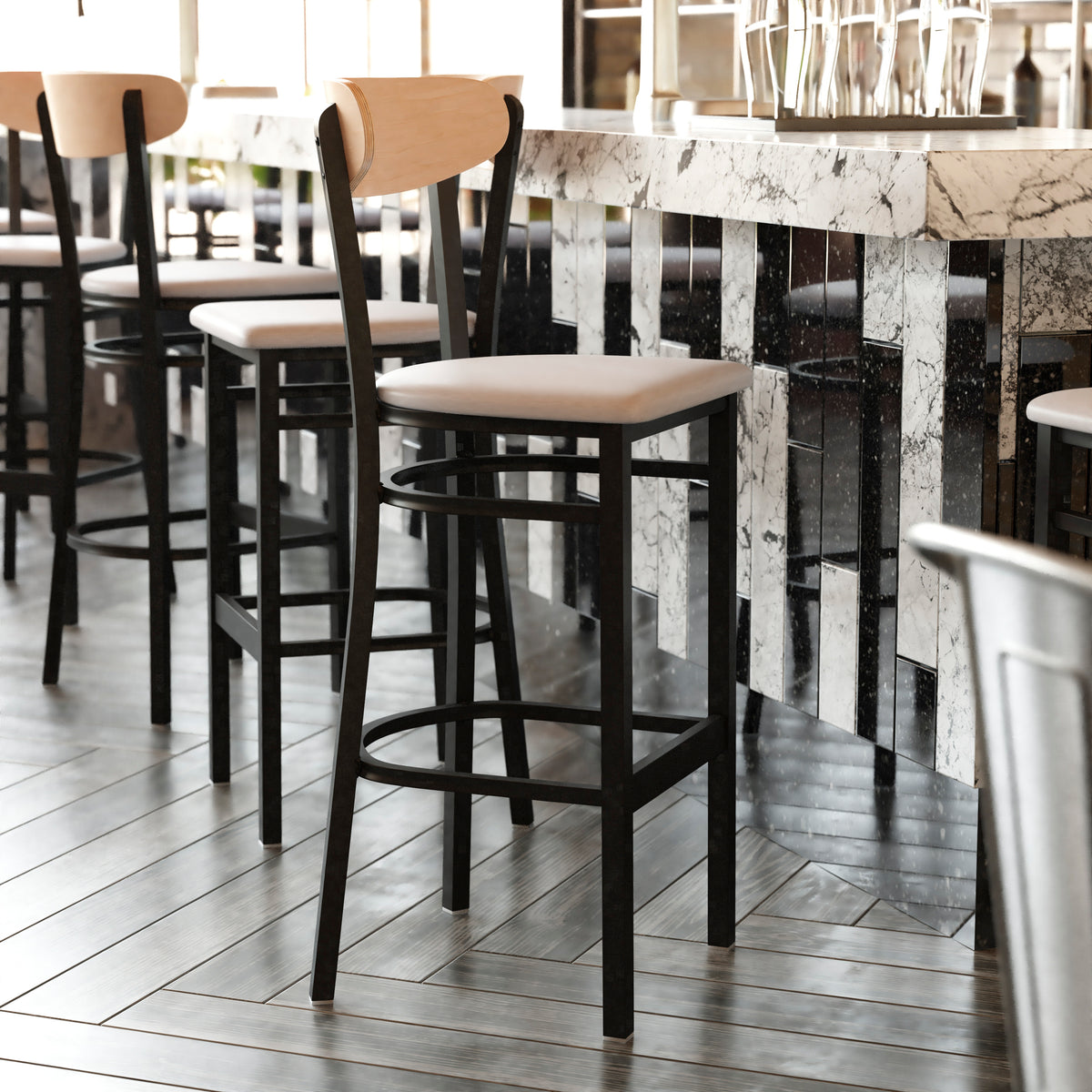 Wright Commercial Grade Barstool with 500 LB. Capacity Steel Frame, Solid Wood Seat, and Boomerang Back