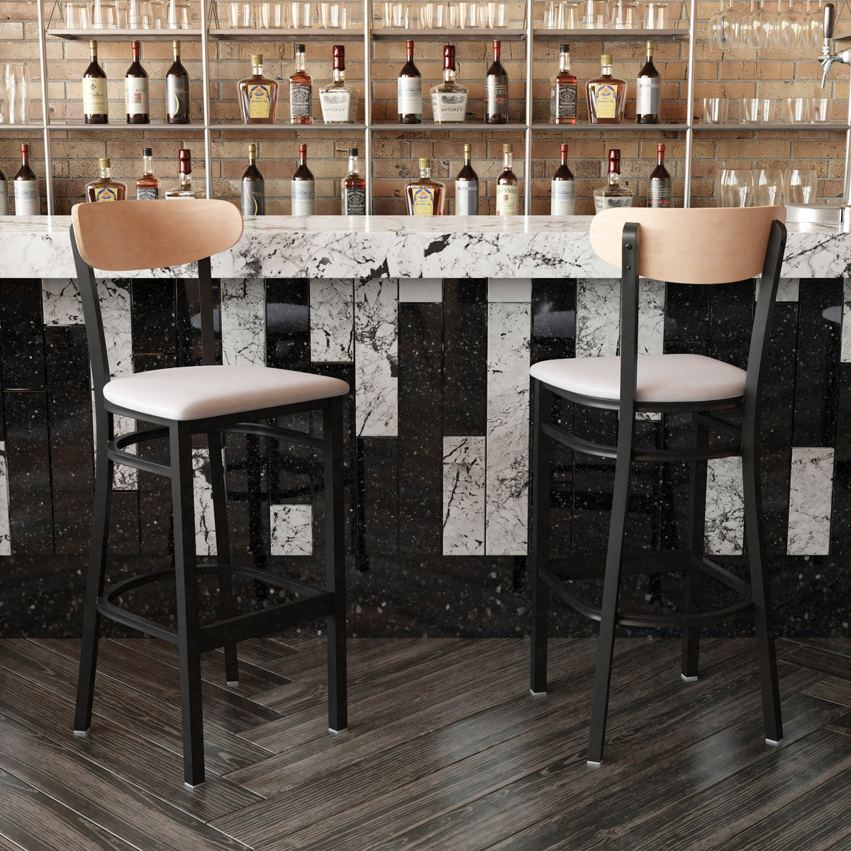 Wright Commercial Grade Barstool with 500 LB. Capacity Steel Frame, Solid Wood Seat, and Boomerang Back