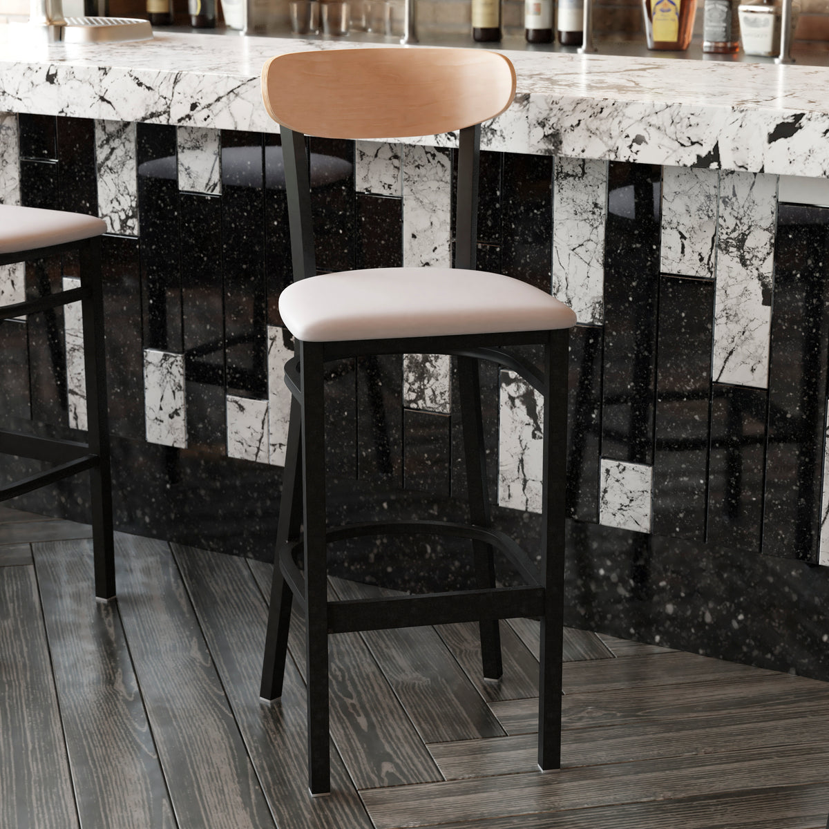 Wright Commercial Grade Barstool with 500 LB. Capacity Steel Frame, Solid Wood Seat, and Boomerang Back