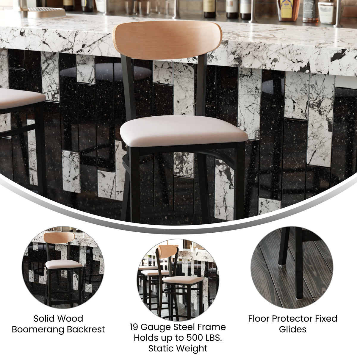 Wright Commercial Grade Barstool with 500 LB. Capacity Steel Frame, Solid Wood Seat, and Boomerang Back