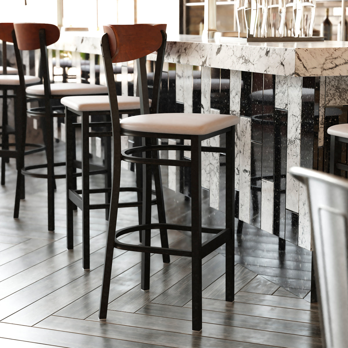 Wright Commercial Grade Barstool with 500 LB. Capacity Steel Frame, Solid Wood Seat, and Boomerang Back
