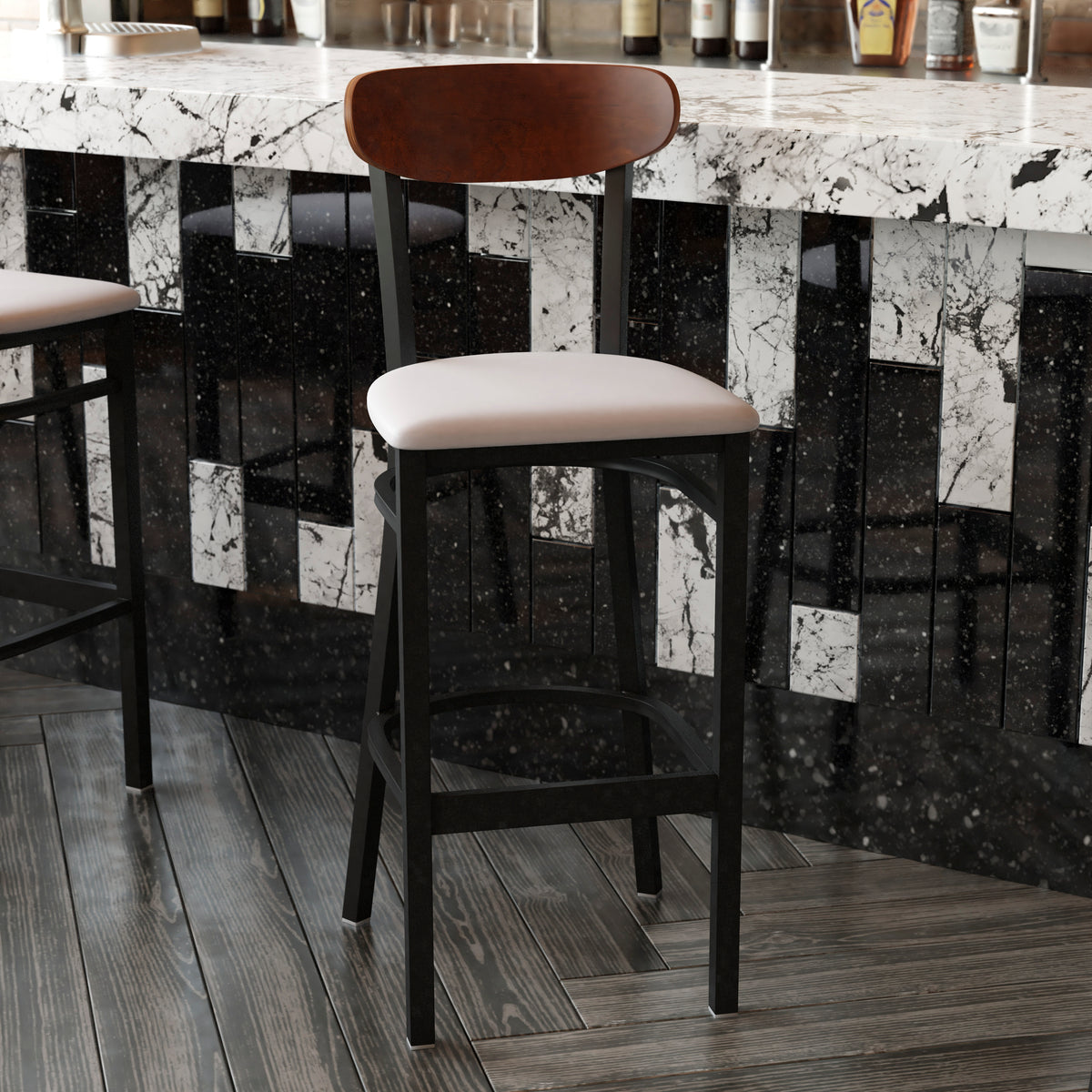 Wright Commercial Grade Barstool with 500 LB. Capacity Steel Frame, Solid Wood Seat, and Boomerang Back