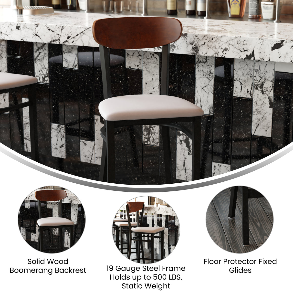 Wright Commercial Grade Barstool with 500 LB. Capacity Steel Frame, Solid Wood Seat, and Boomerang Back