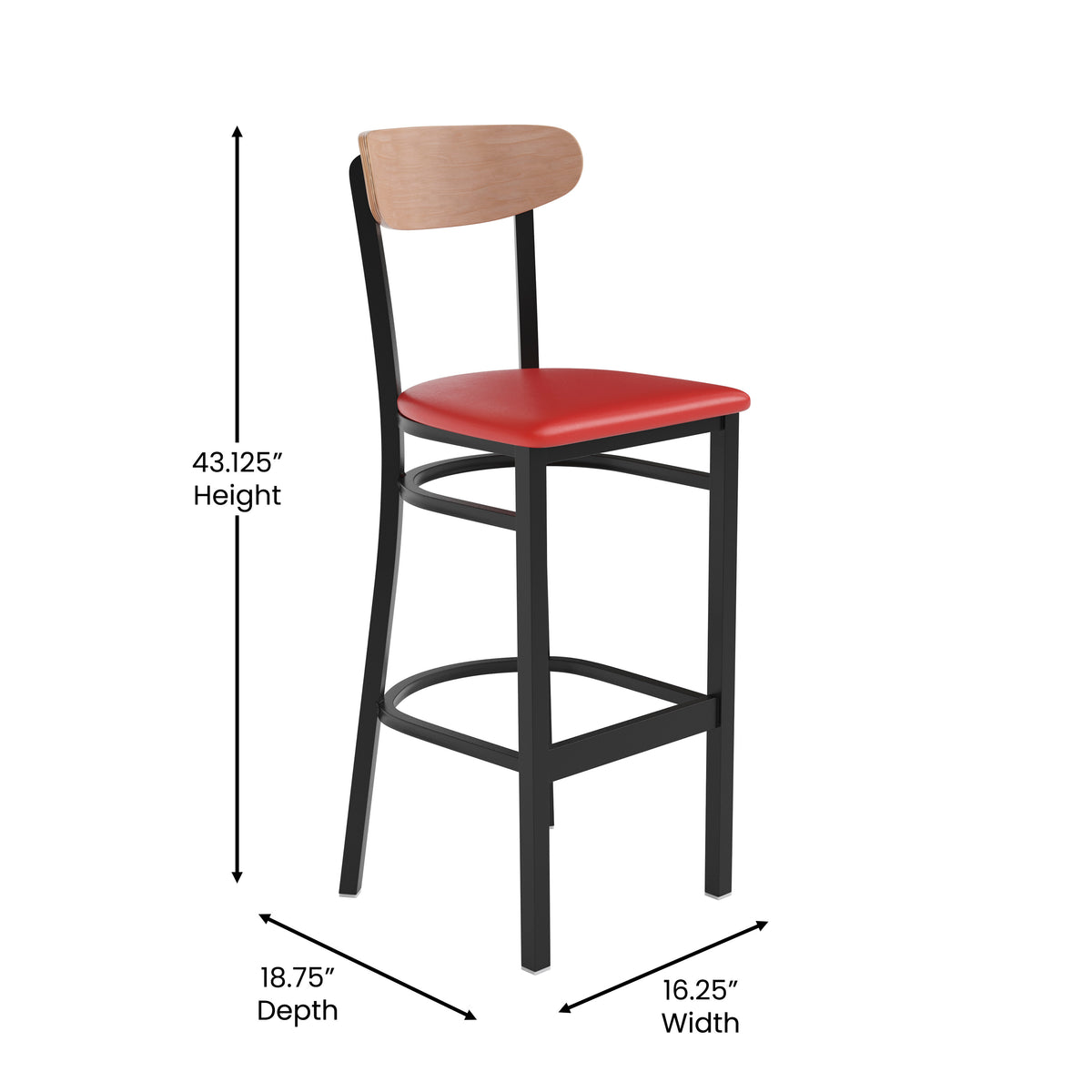 Wright Commercial Grade Barstool with 500 LB. Capacity Steel Frame, Solid Wood Seat, and Boomerang Back