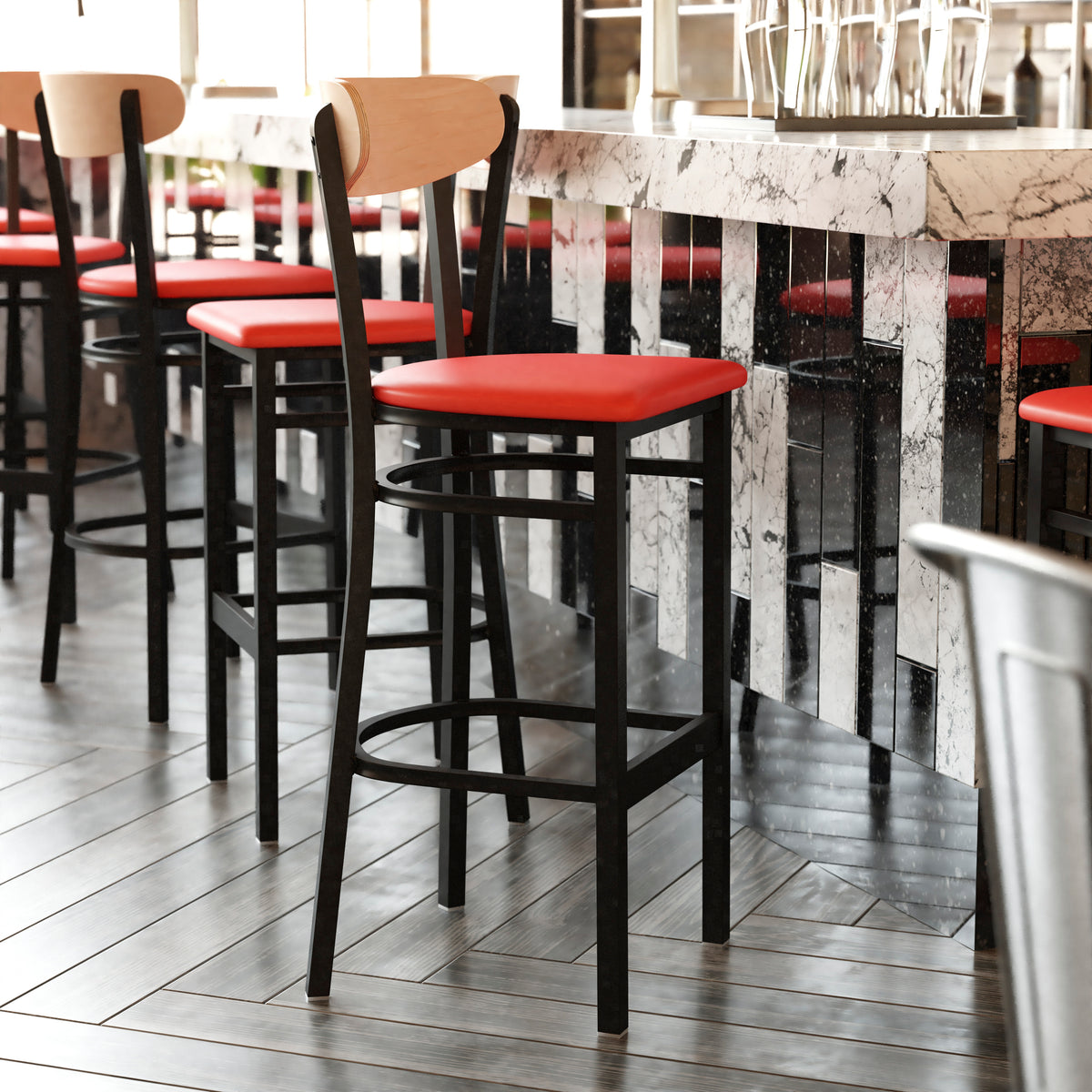 Wright Commercial Grade Barstool with 500 LB. Capacity Steel Frame, Solid Wood Seat, and Boomerang Back