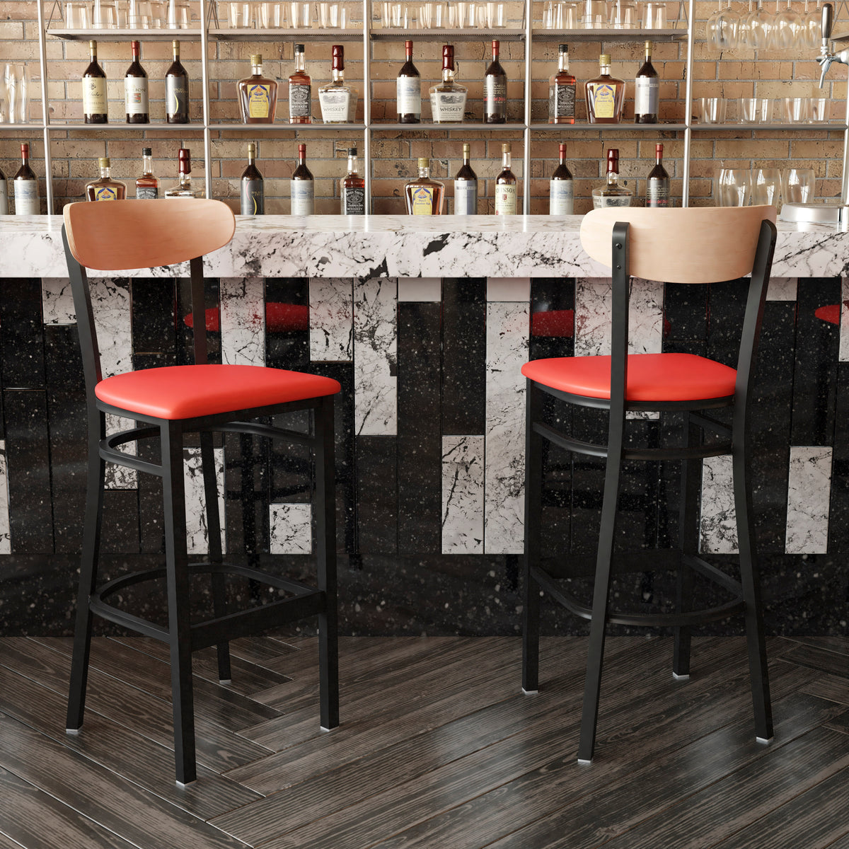 Wright Commercial Grade Barstool with 500 LB. Capacity Steel Frame, Solid Wood Seat, and Boomerang Back