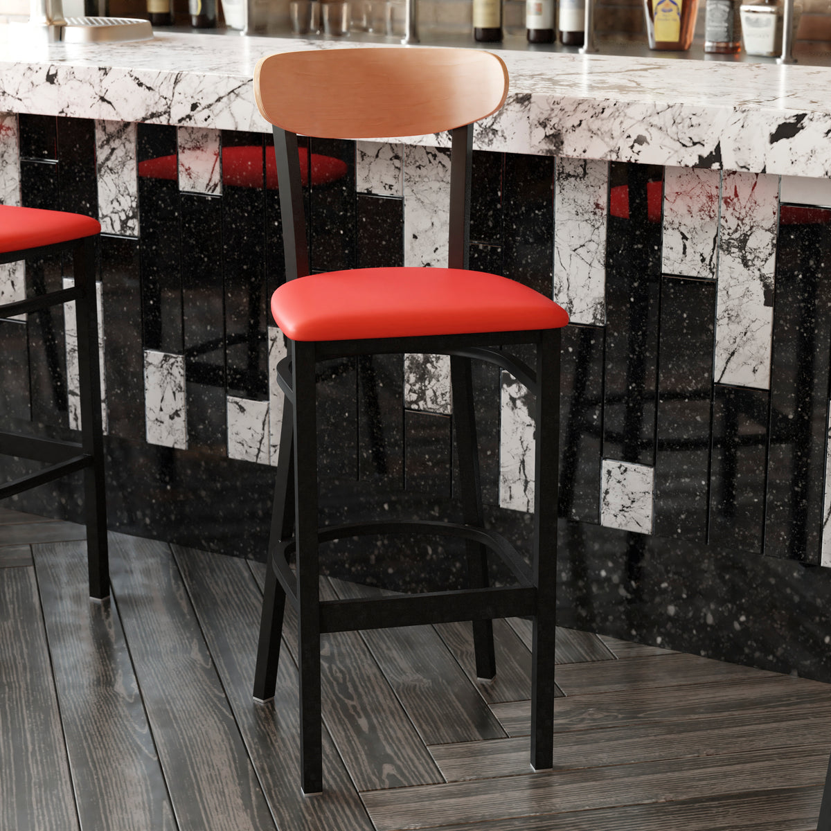Wright Commercial Grade Barstool with 500 LB. Capacity Steel Frame, Solid Wood Seat, and Boomerang Back