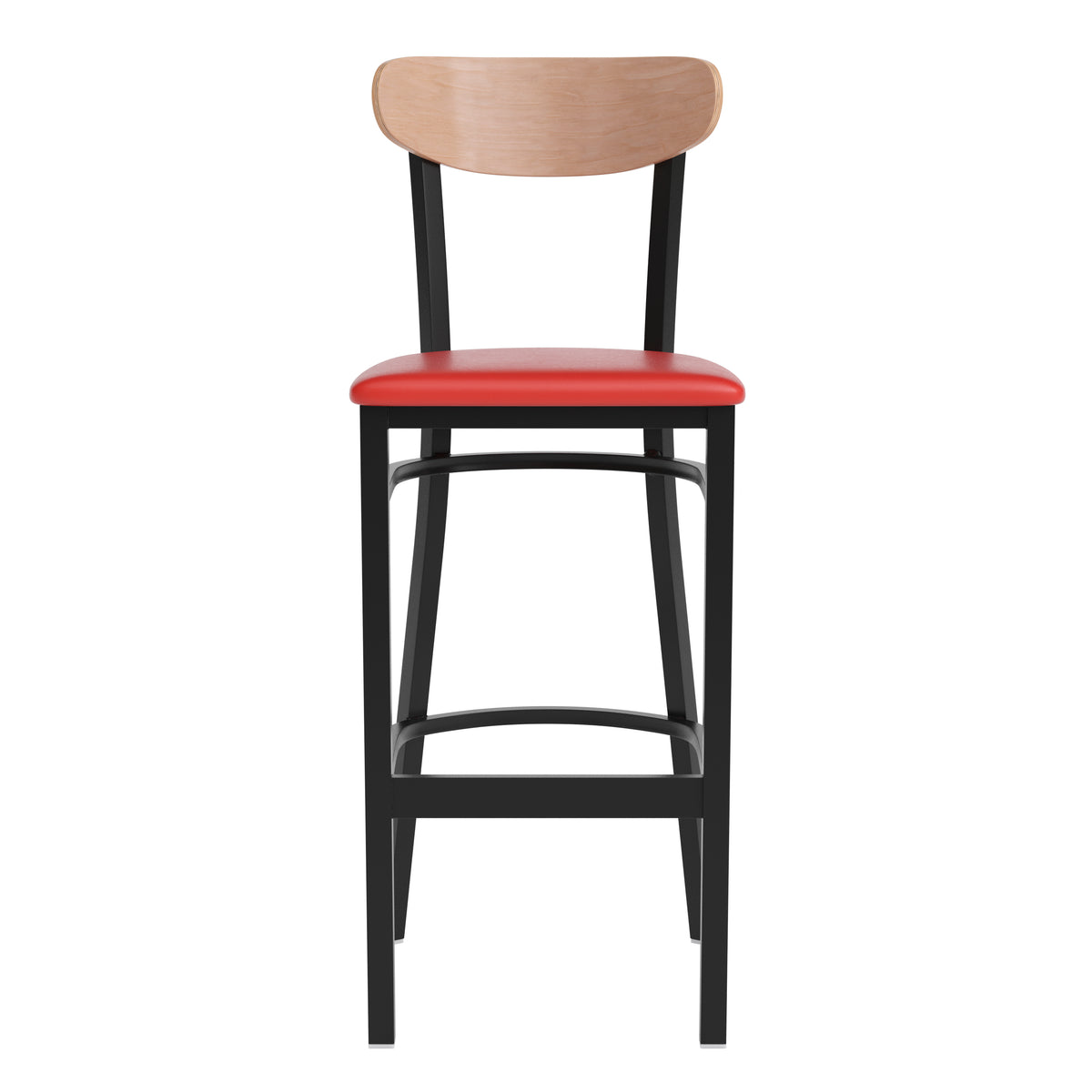 Wright Commercial Grade Barstool with 500 LB. Capacity Steel Frame, Solid Wood Seat, and Boomerang Back