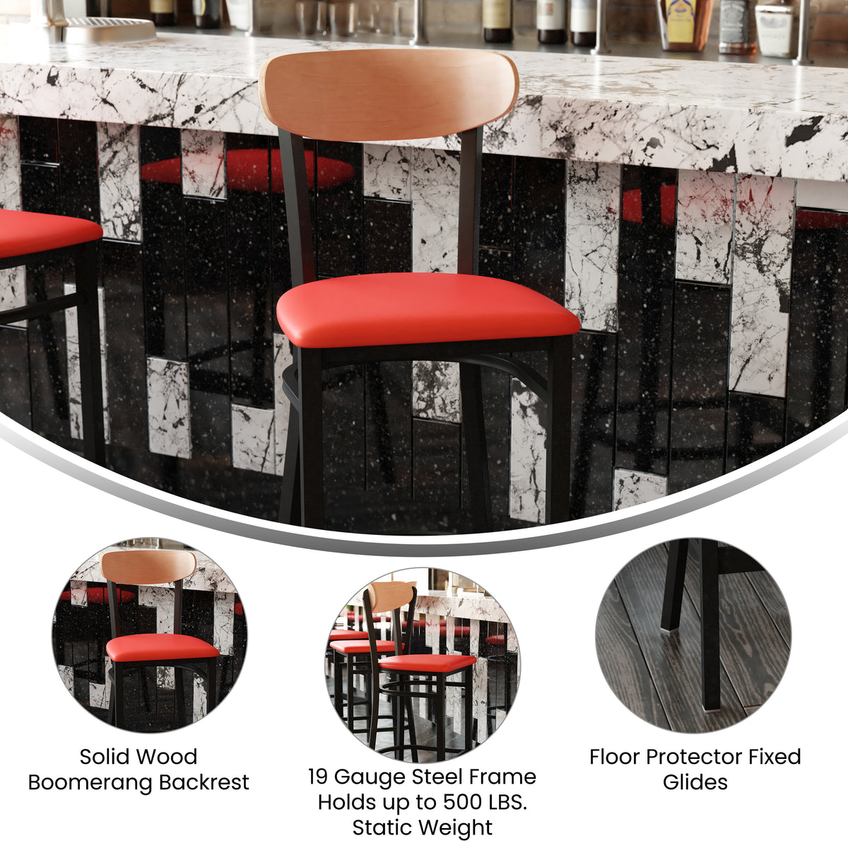 Wright Commercial Grade Barstool with 500 LB. Capacity Steel Frame, Solid Wood Seat, and Boomerang Back