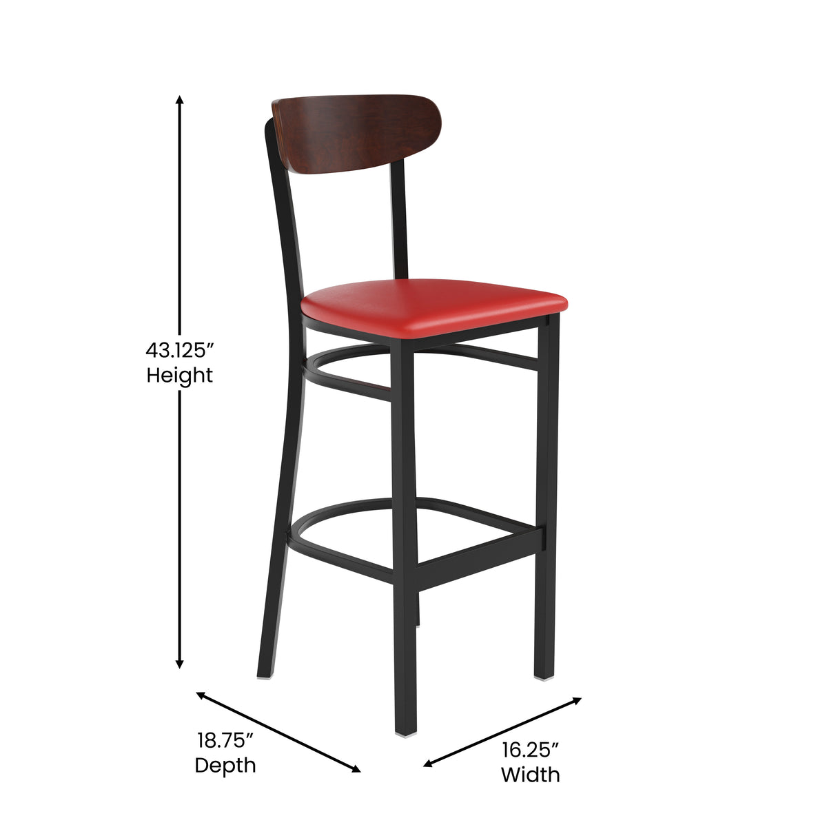 Wright Commercial Grade Barstool with 500 LB. Capacity Steel Frame, Solid Wood Seat, and Boomerang Back