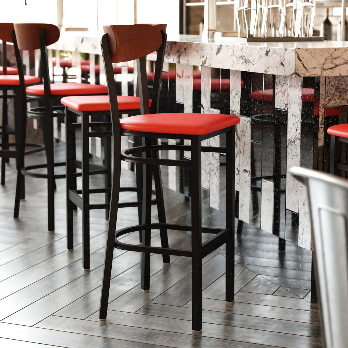 Wright Commercial Grade Barstool with 500 LB. Capacity Steel Frame, Solid Wood Seat, and Boomerang Back