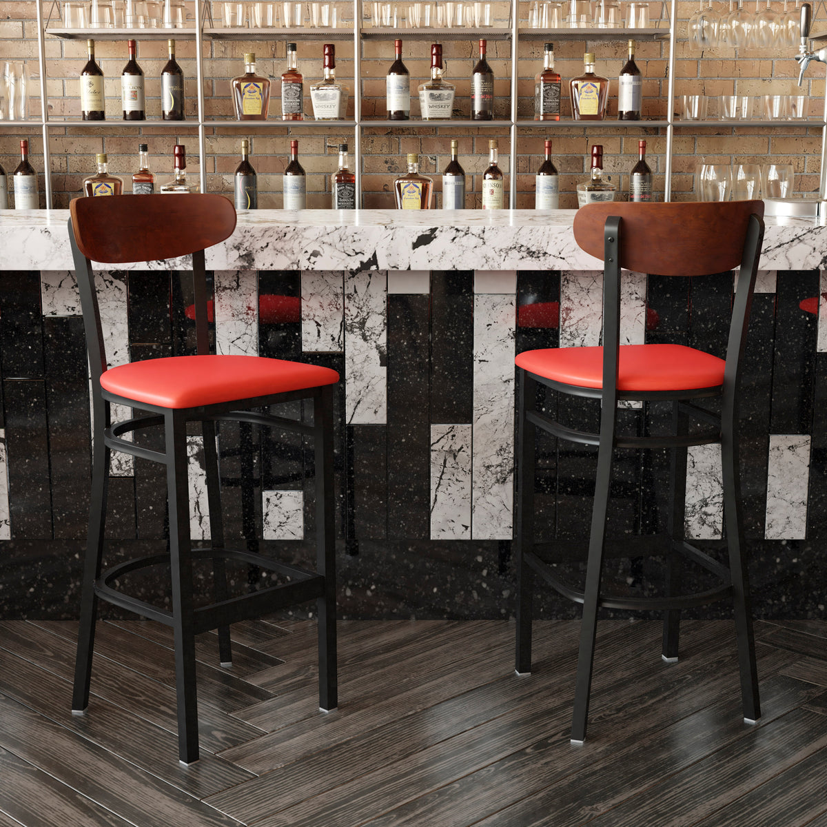Wright Commercial Grade Barstool with 500 LB. Capacity Steel Frame, Solid Wood Seat, and Boomerang Back