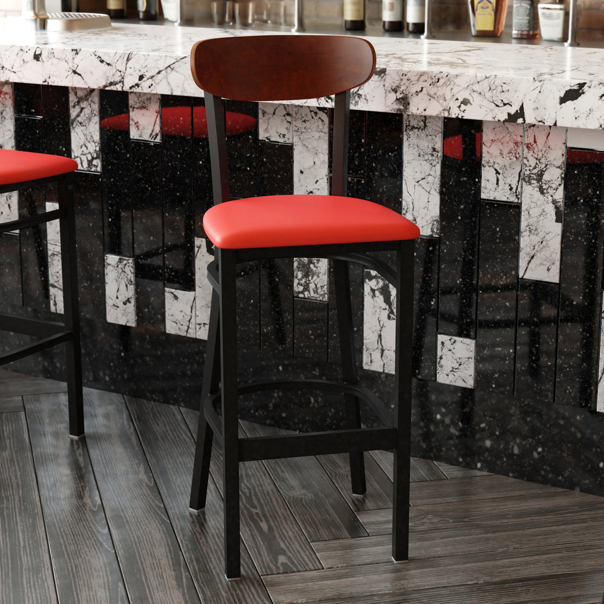 Wright Commercial Grade Barstool with 500 LB. Capacity Steel Frame, Solid Wood Seat, and Boomerang Back