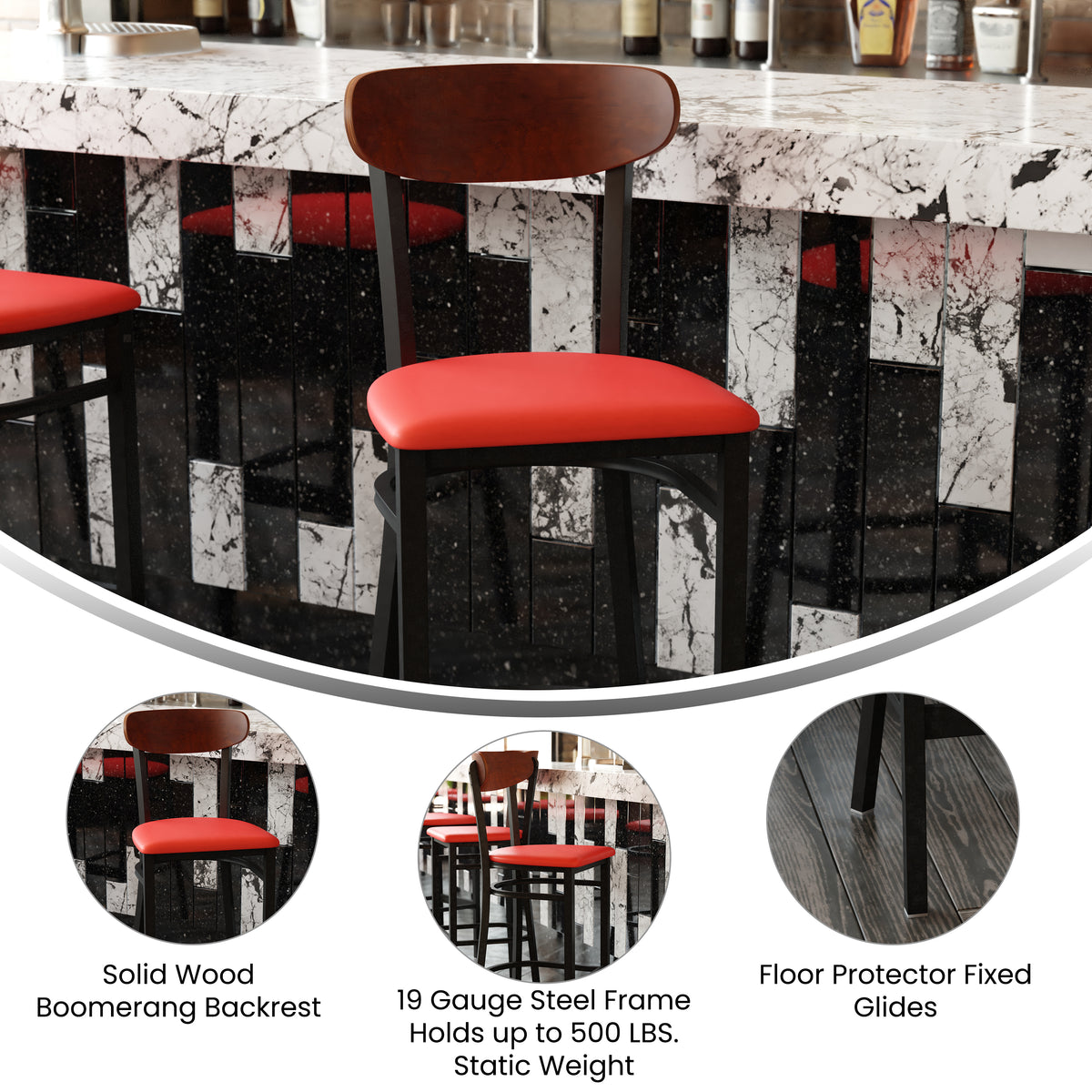Wright Commercial Grade Barstool with 500 LB. Capacity Steel Frame, Solid Wood Seat, and Boomerang Back