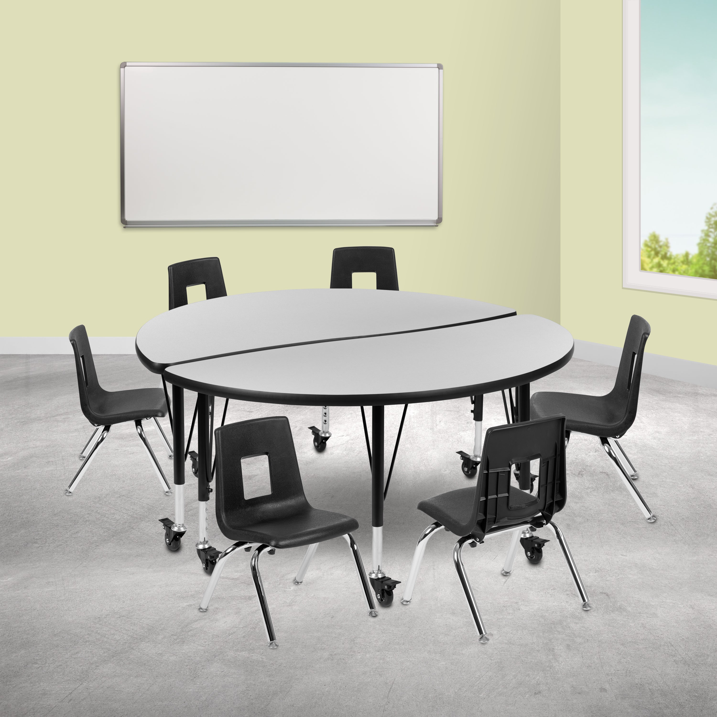 Mobile 47.5" Circle Wave Flexible Laminate Activity Table Set with 12" Student Stack Chairs-Collaborative Activity Table Set-Flash Furniture-Wall2Wall Furnishings