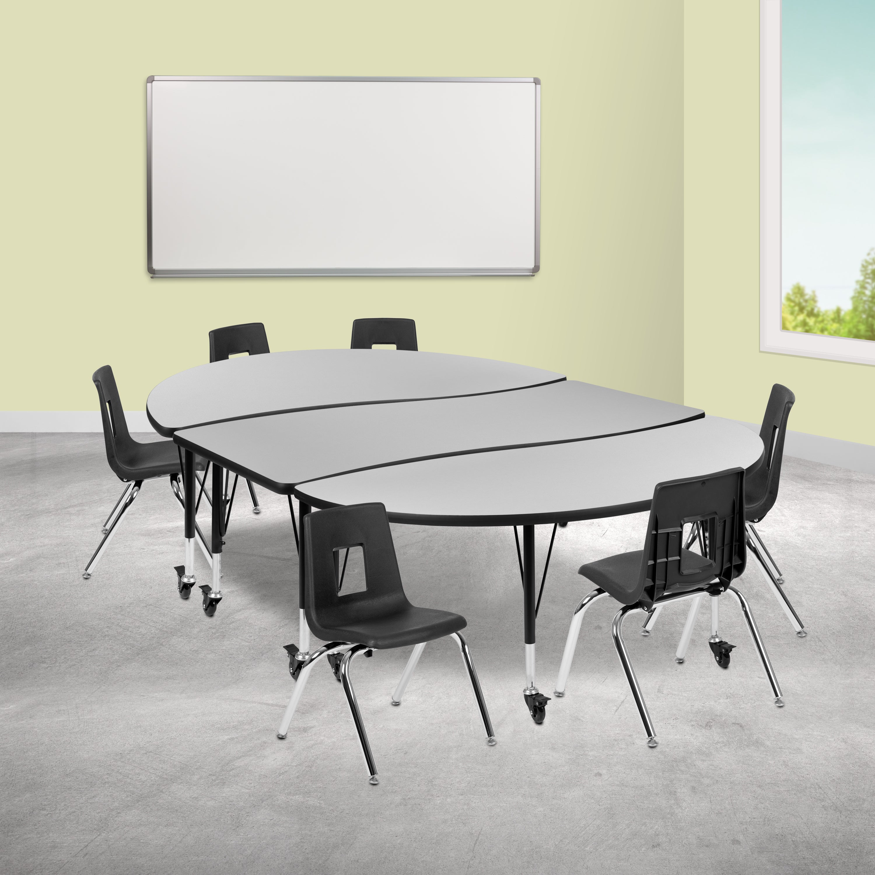 Mobile 86" Oval Wave Flexible Laminate Activity Table Set with 14" Student Stack Chairs-Collaborative Activity Table Set-Flash Furniture-Wall2Wall Furnishings
