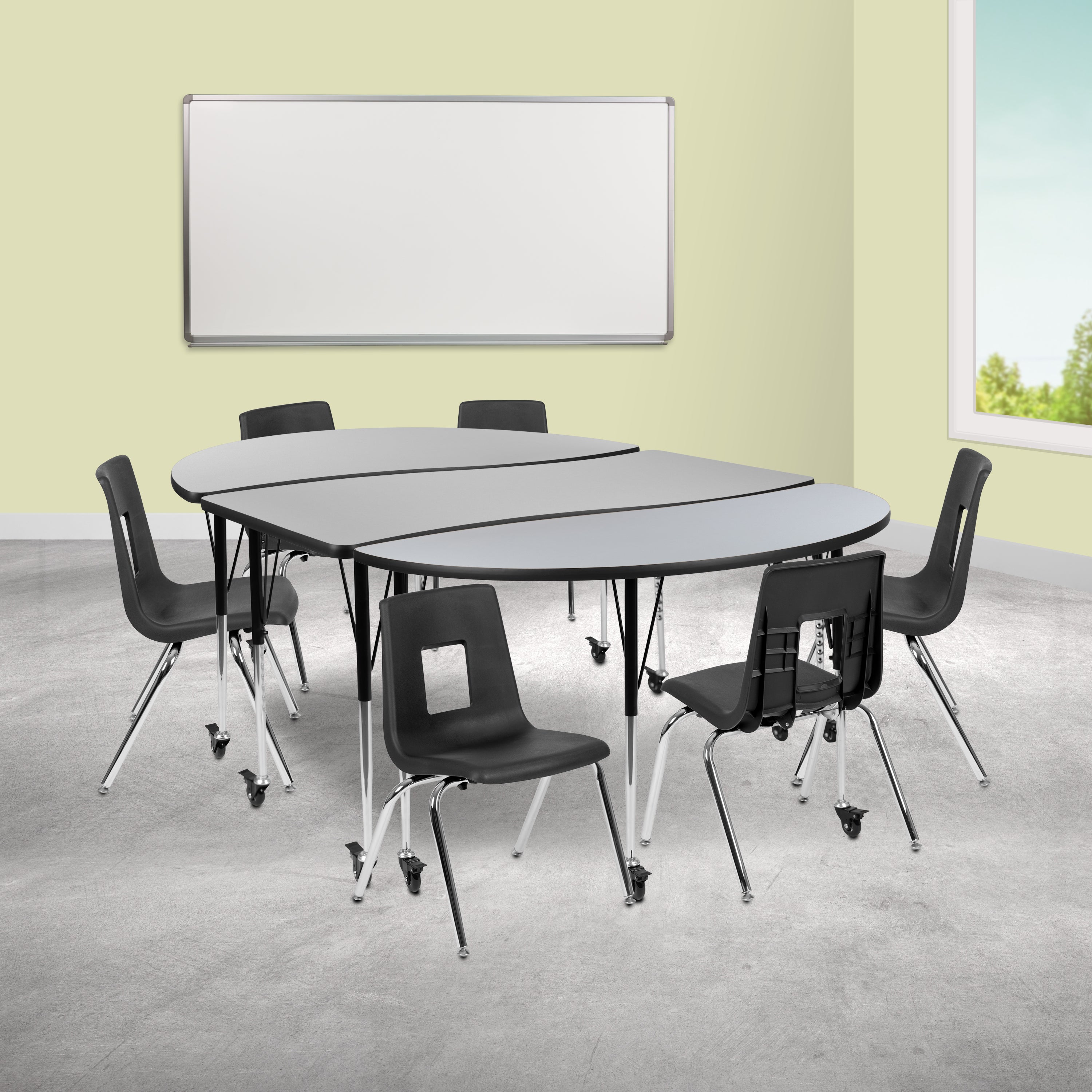 Mobile 86" Oval Wave Flexible Laminate Activity Table Set with 16" Student Stack Chairs-Collaborative Activity Table Set-Flash Furniture-Wall2Wall Furnishings