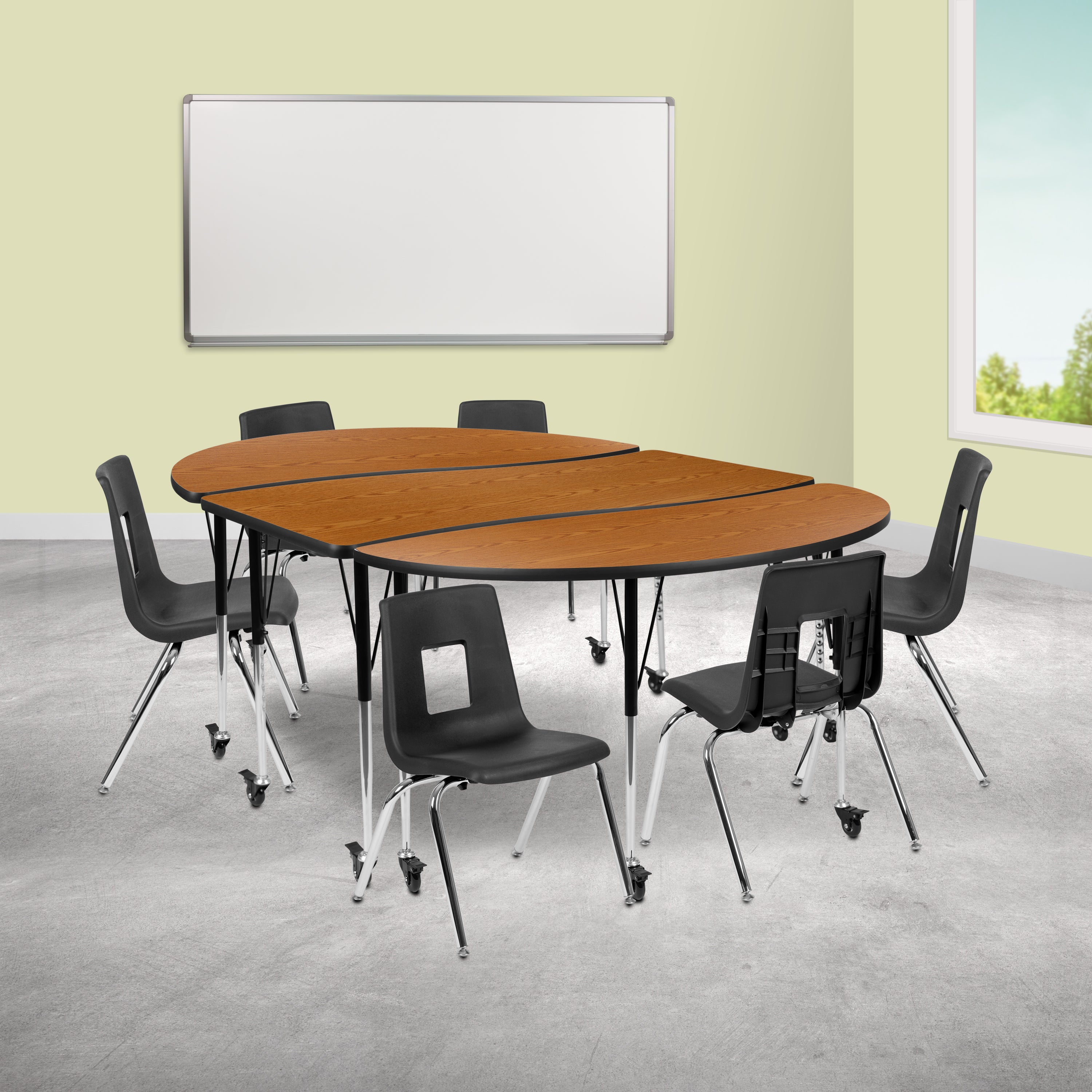 Mobile 86" Oval Wave Flexible Laminate Activity Table Set with 16" Student Stack Chairs-Collaborative Activity Table Set-Flash Furniture-Wall2Wall Furnishings