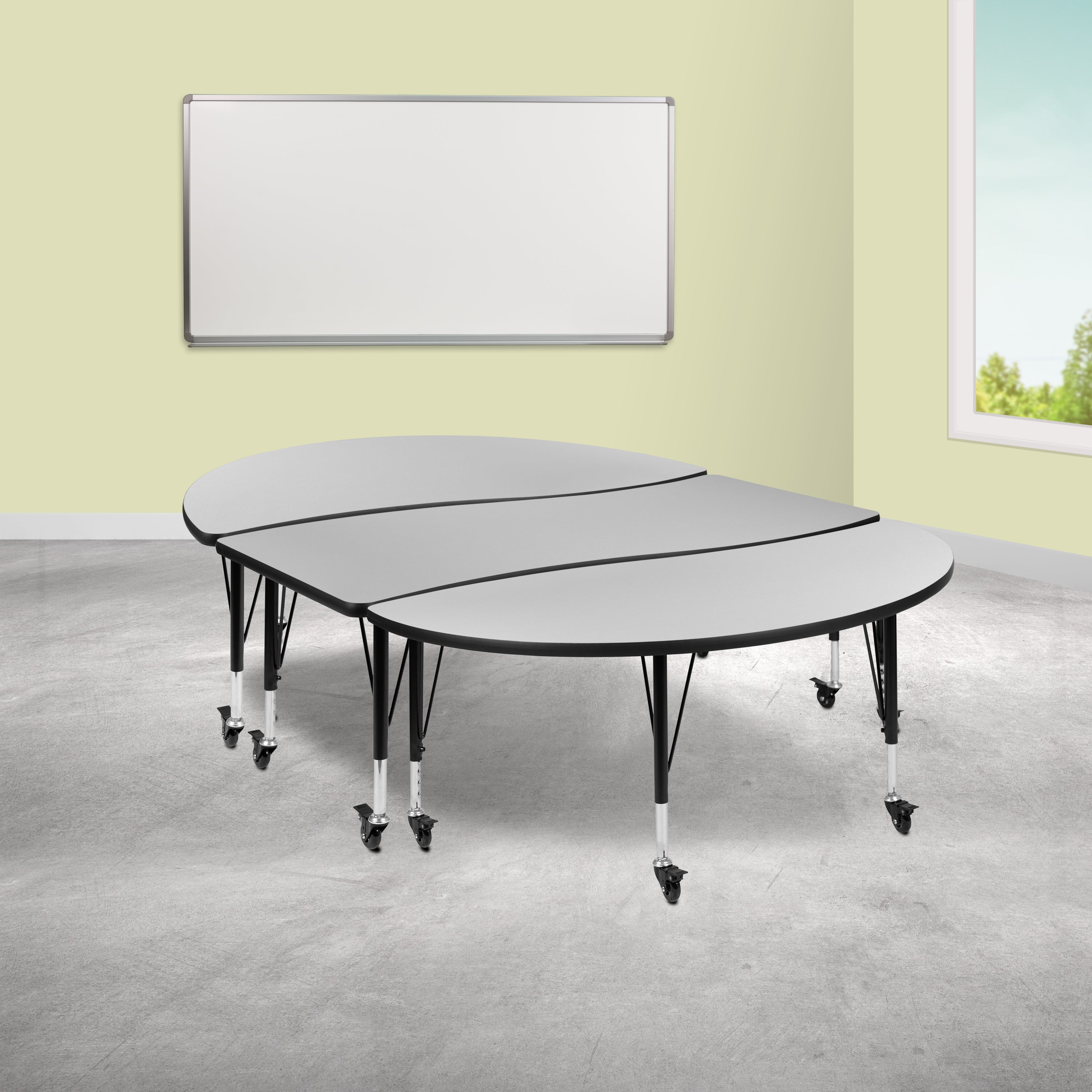 3 Piece Mobile 86" Oval Wave Flexible Grey Thermal Laminate Activity Table Set - Height Adjustable Short Legs-Collaborative Activity Table Set-Flash Furniture-Wall2Wall Furnishings