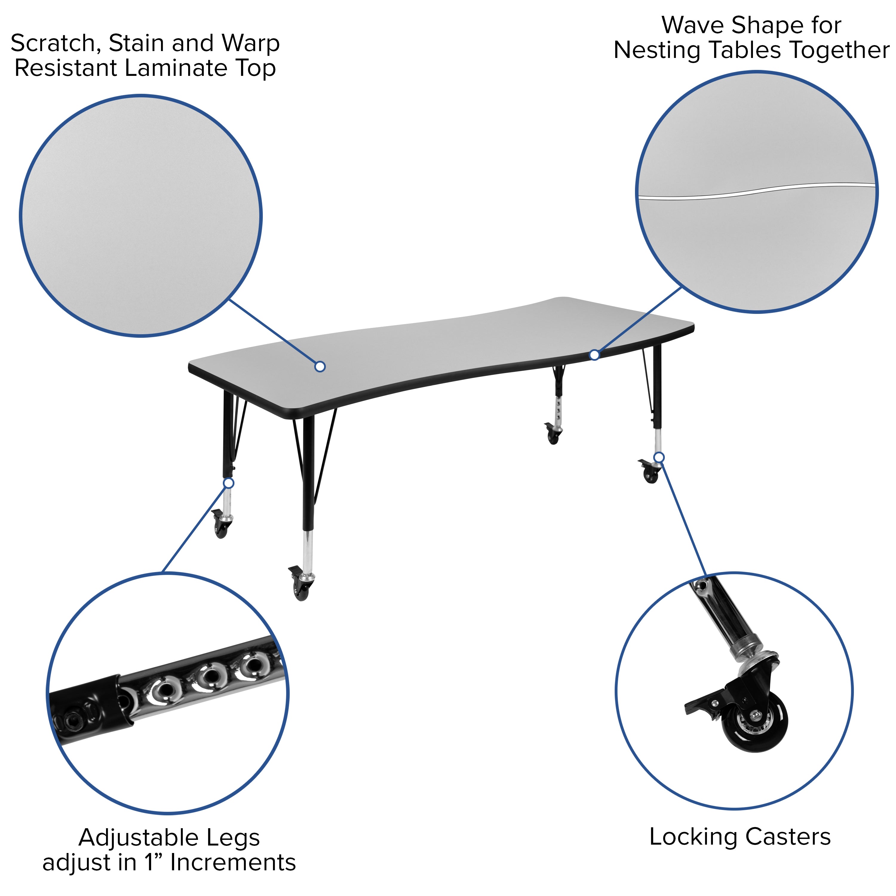 3 Piece Mobile 86" Oval Wave Flexible Grey Thermal Laminate Activity Table Set - Height Adjustable Short Legs-Collaborative Activity Table Set-Flash Furniture-Wall2Wall Furnishings