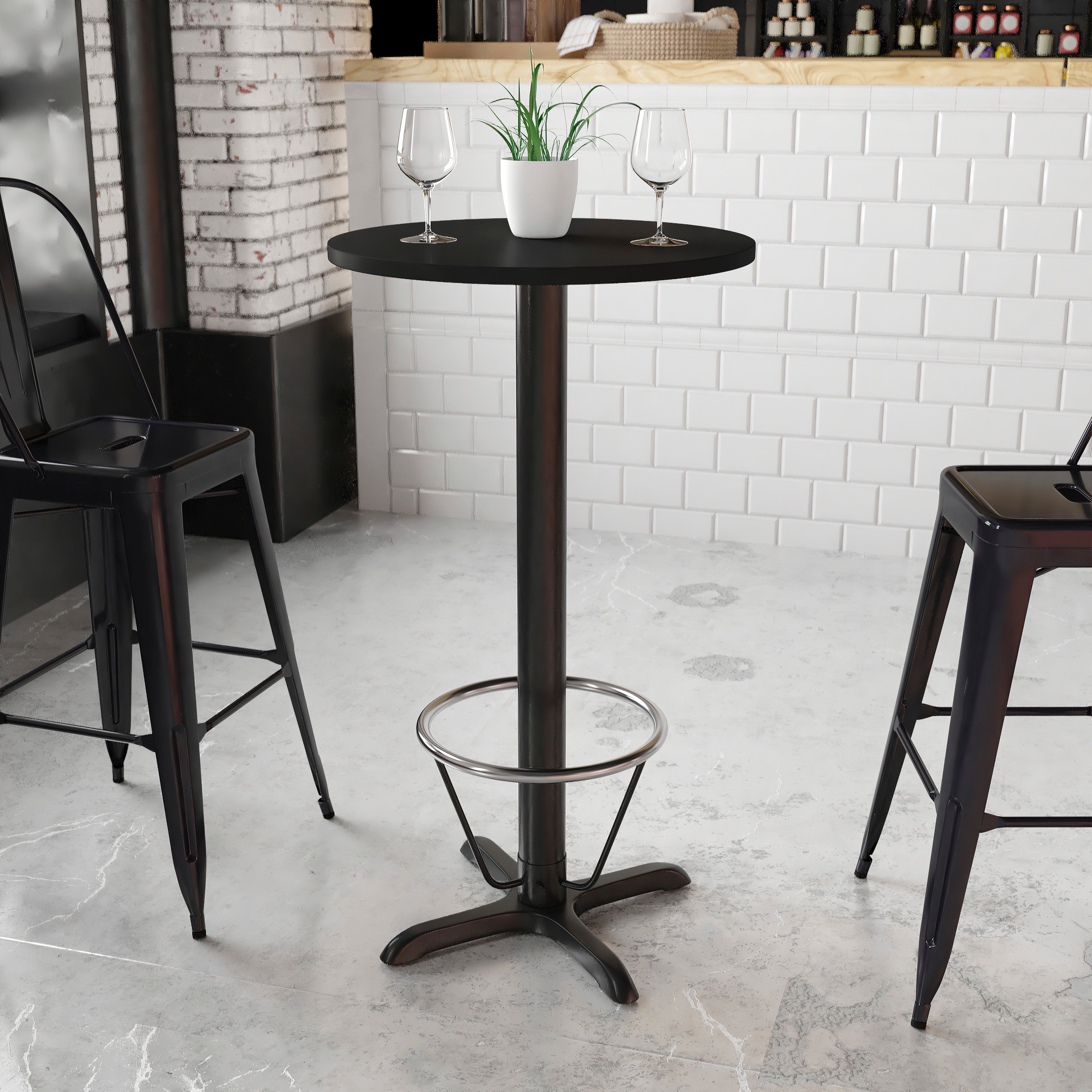24'' Round Laminate Table Top with 22'' x 22'' Bar Height Table Base and Foot Ring-Restaurant Dining Table and Bases - Bar Height-Flash Furniture-Wall2Wall Furnishings