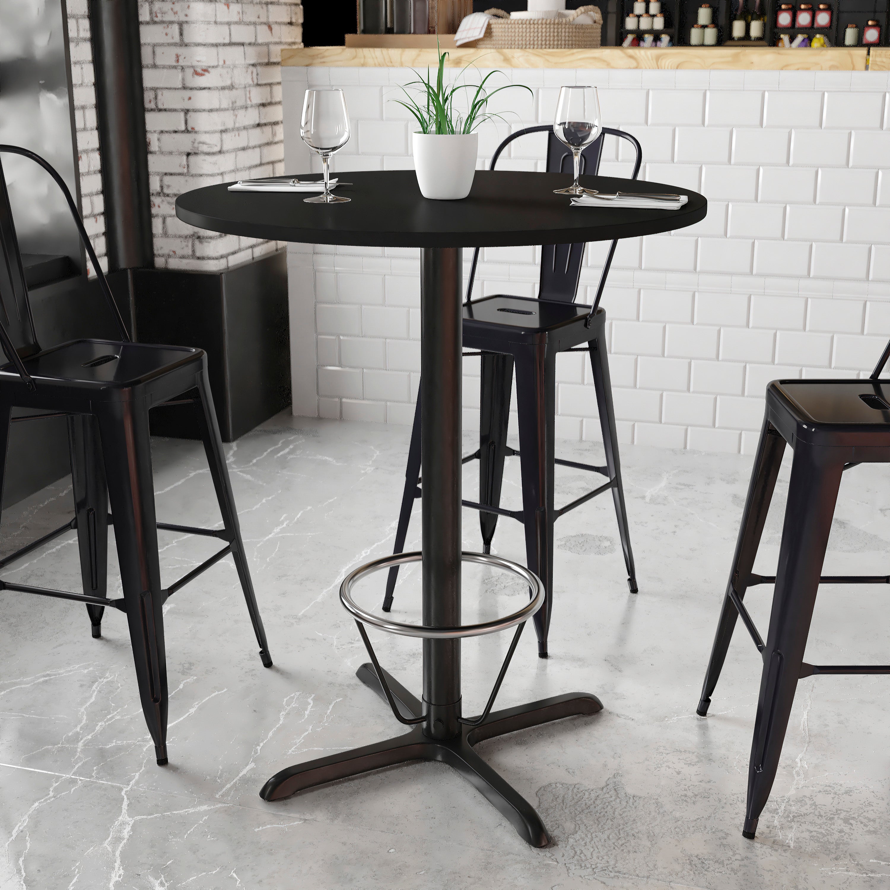 36'' Round Laminate Table Top with 30'' x 30'' Bar Height Table Base and Foot Ring-Restaurant Dining Table and Bases - Bar Height-Flash Furniture-Wall2Wall Furnishings