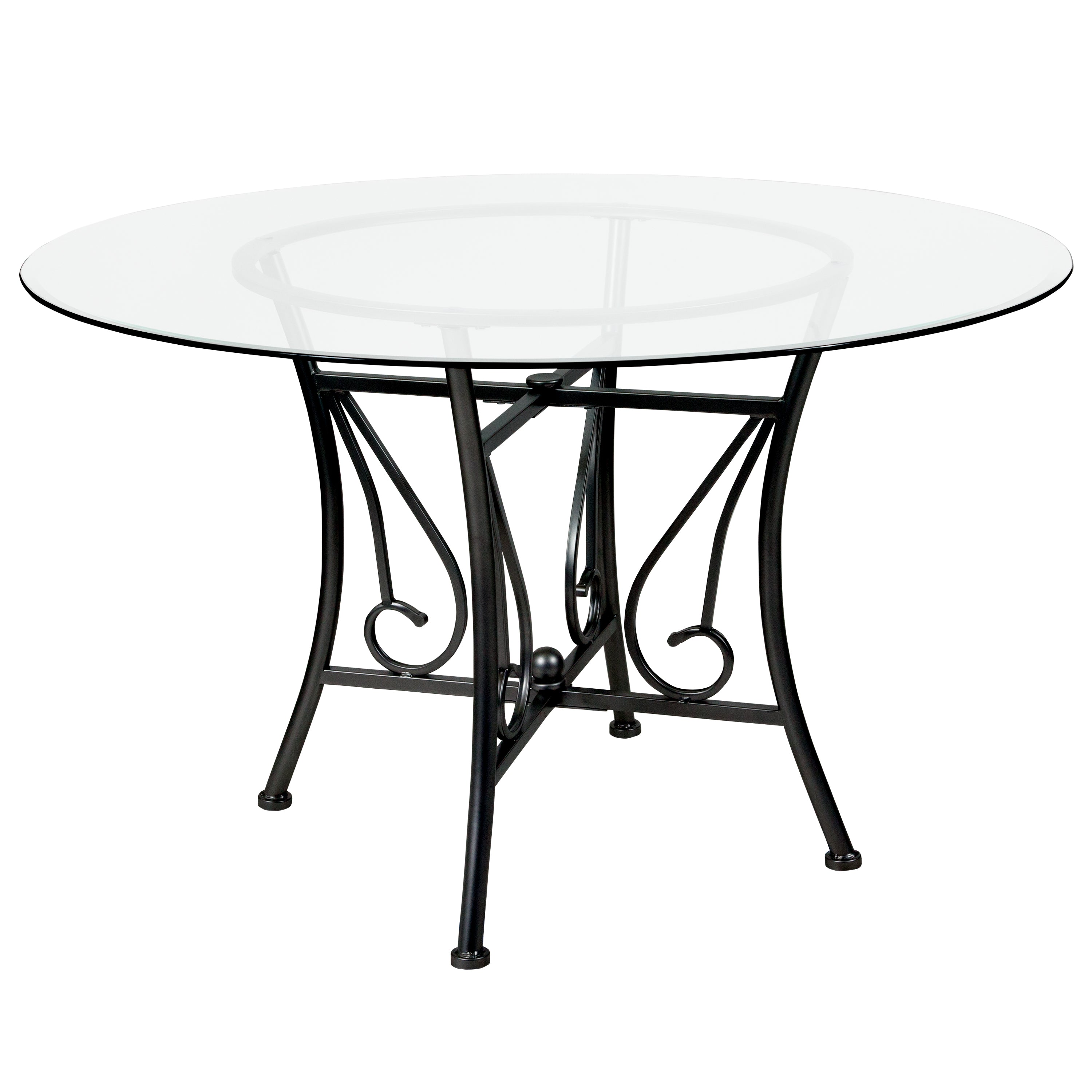 Princeton 48'' Round Glass Dining Table with Curl Accent Matte Metal Frame-Dining Table-Flash Furniture-Wall2Wall Furnishings